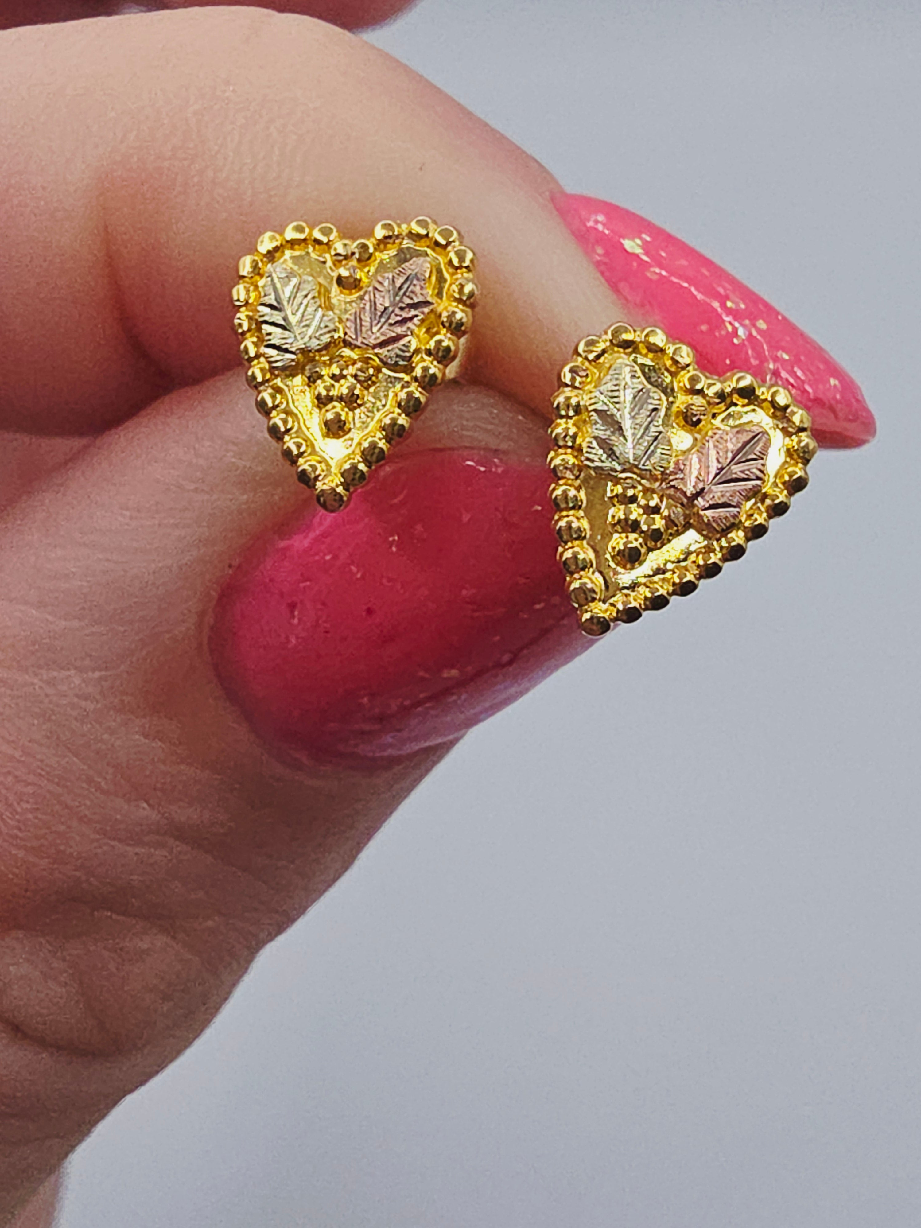 Black Hills Solid 14K Tri Color Gold Grape Leaf Beaded Heart Stud Earrings