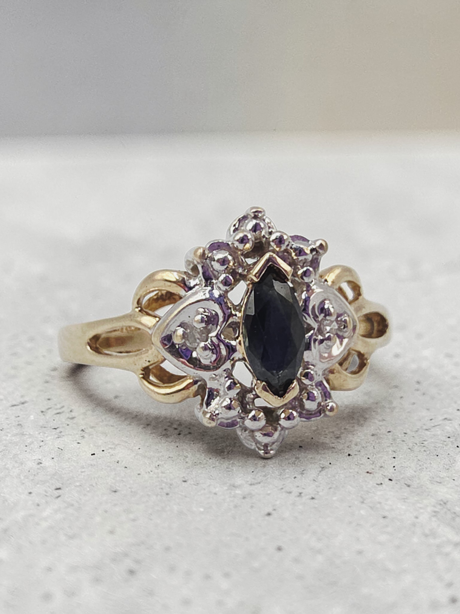 10K Solid Gold Dark Blue Topaz Ring with Diamond Accents, Size 7