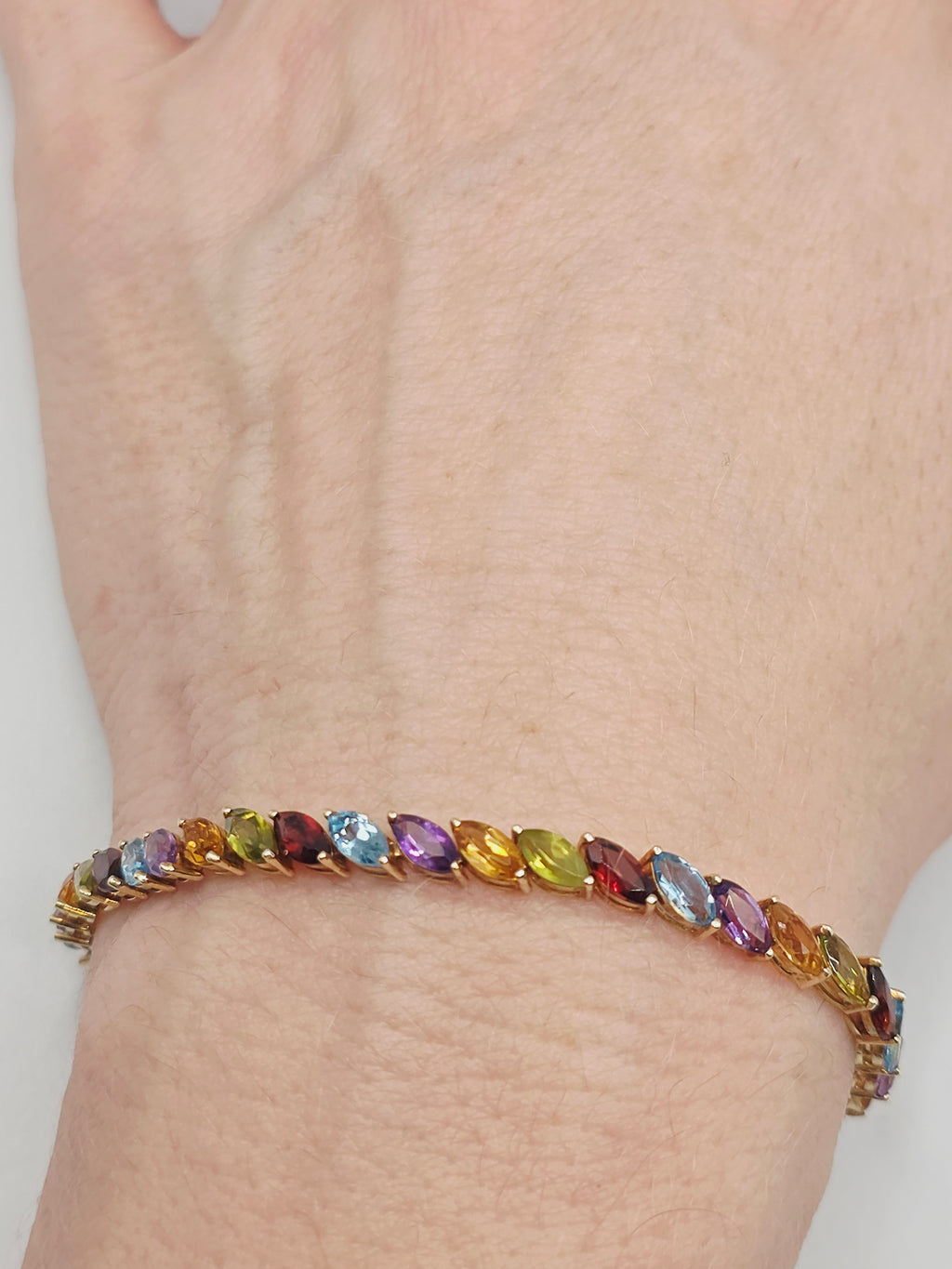 Solid 14K Gold Bracelet with Garnet, Topaz, Citrine, Peridot, Amethyst 7.25 Inch