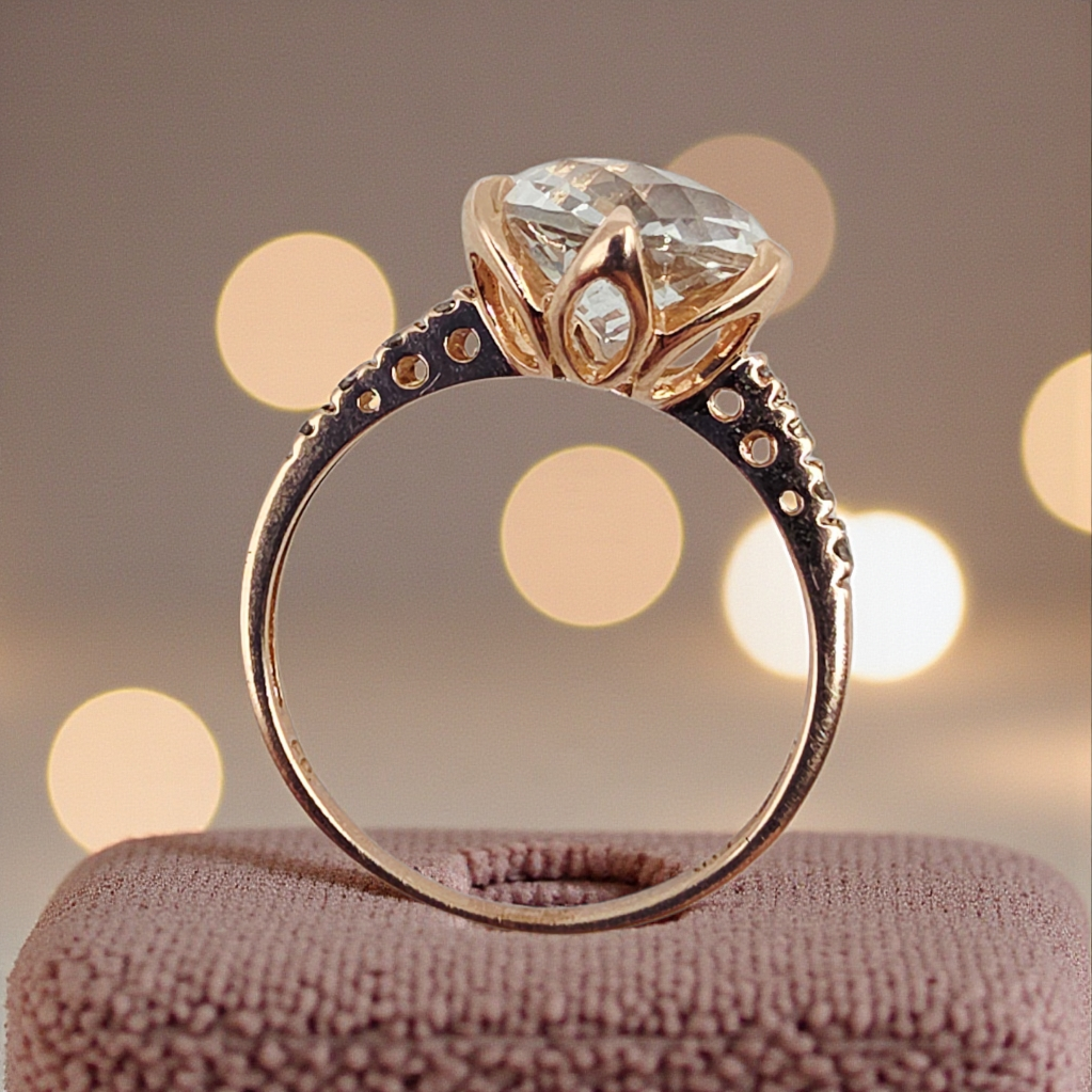 Solid 14K Rose Gold Ring with Lab-Created White Topaz & Diamond Accents - Size 8