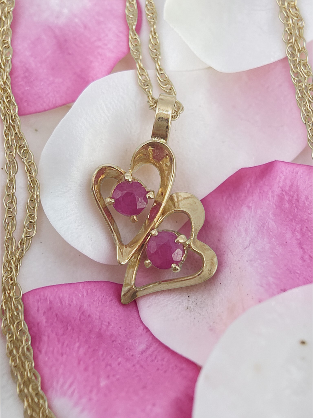 Solid 14K Yellow Gold Double Ruby Heart Pendant Necklace - 18 Inch