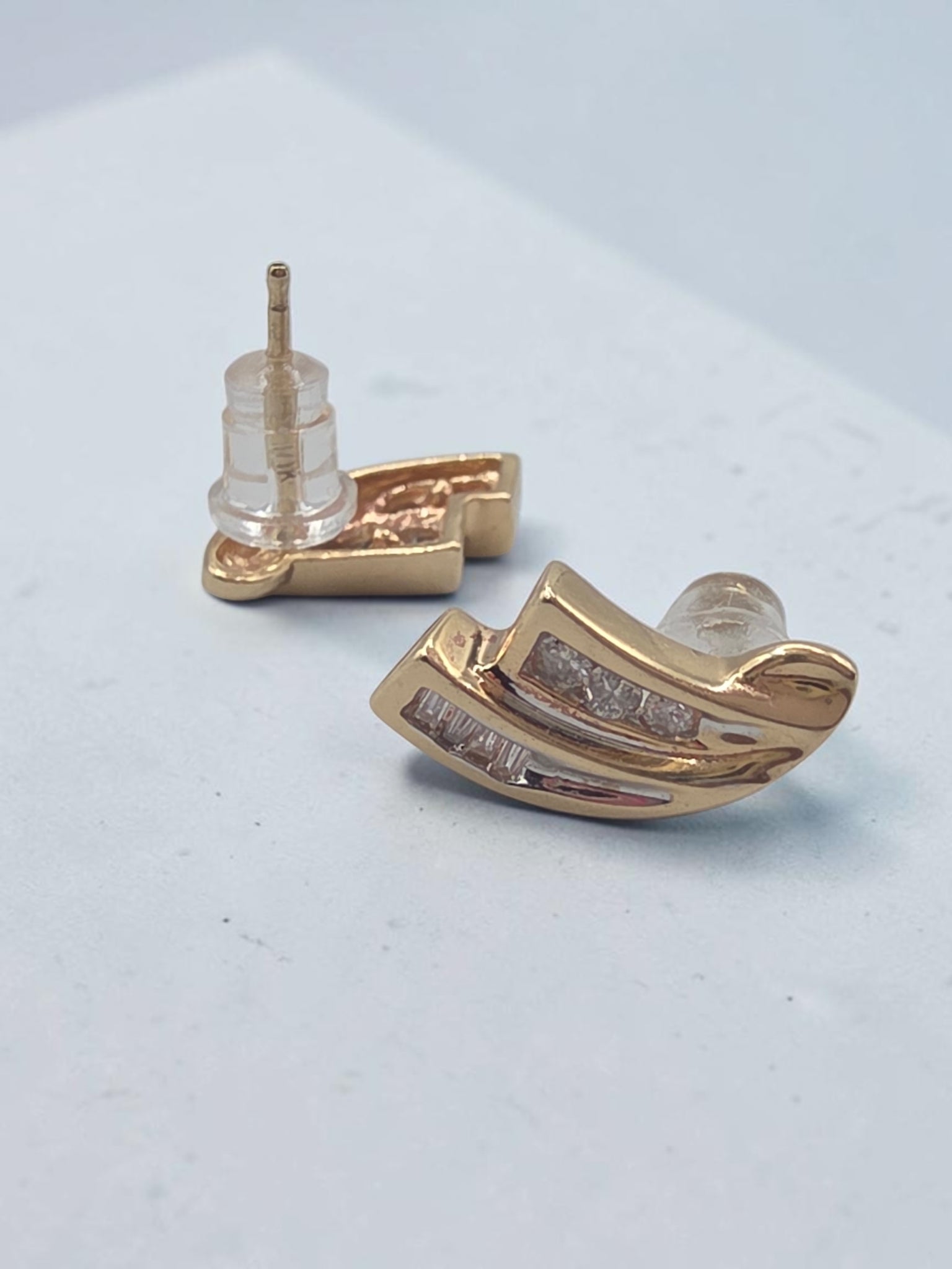Solid 10K Yellow Gold Round & Baguette Diamond Swirl Stud Earrings