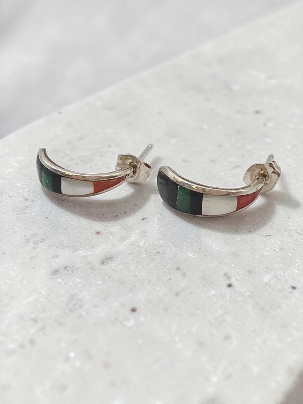 925 Sterling Silver Inlay Earrings Mother of Pearl Enamel Southwest Style