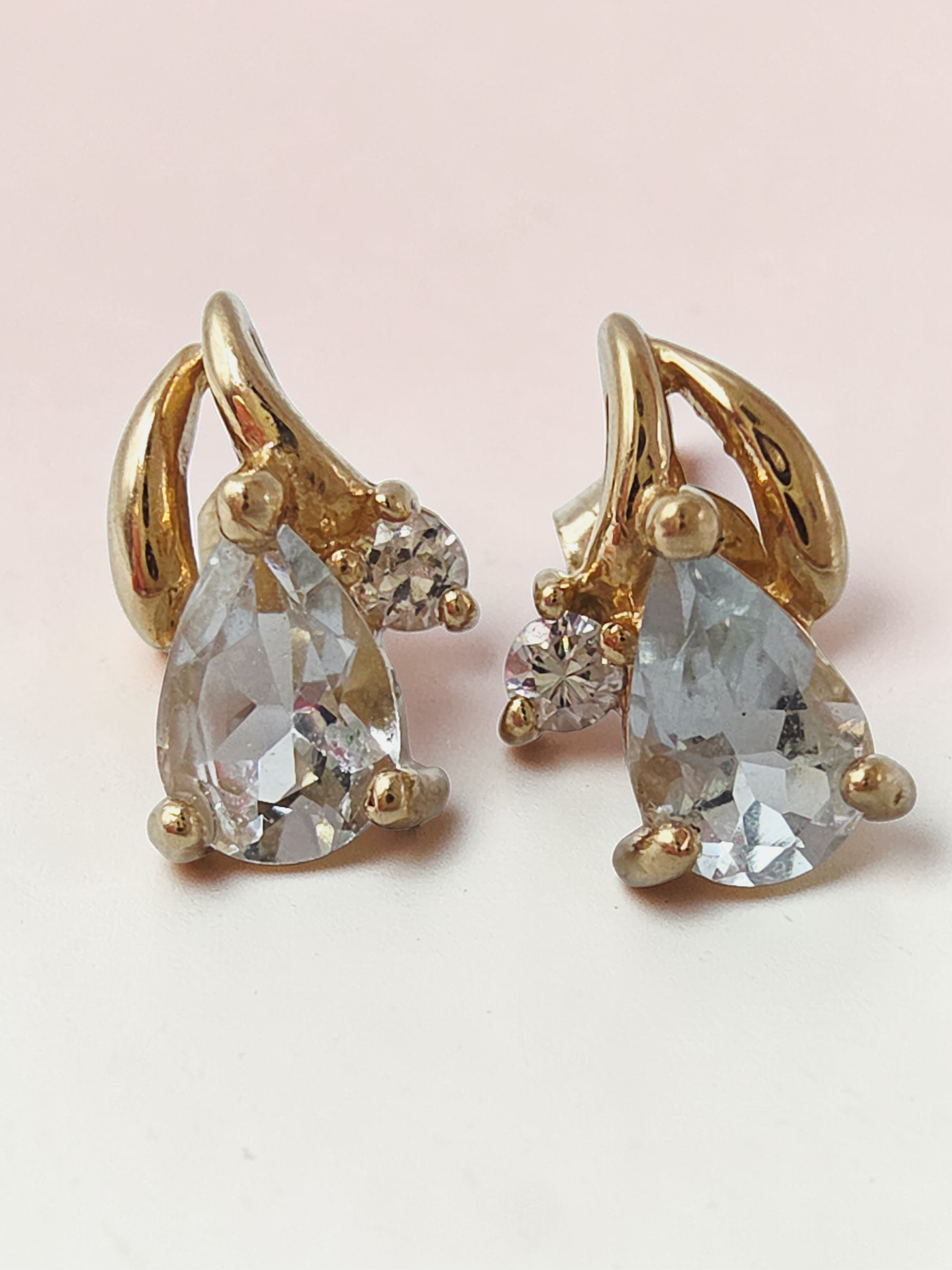 Solid 10K Yellow Gold Pear Cut Aquamarine Stud Earrings with CZ Accent
