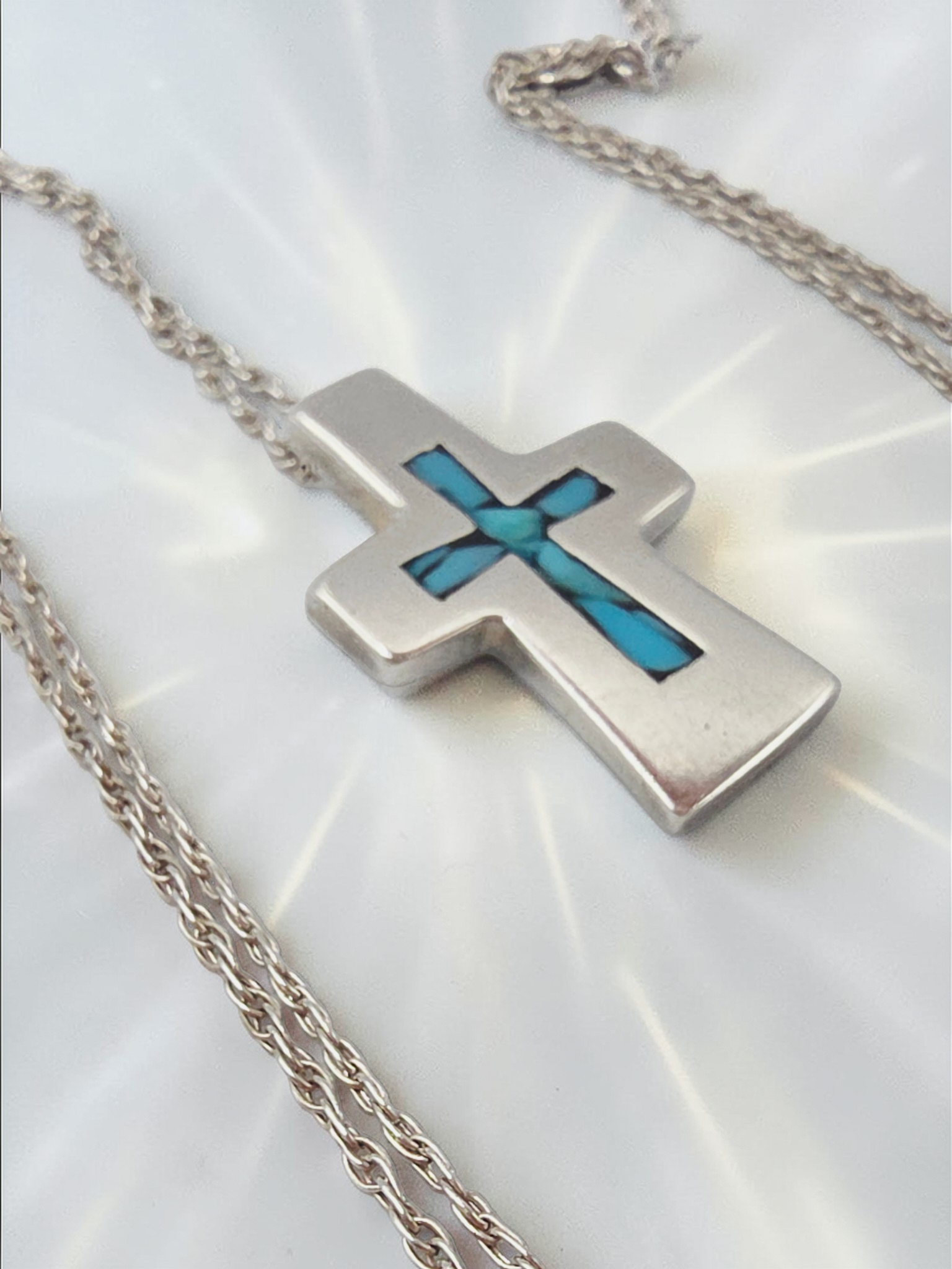 925 Sterling Silver Cross with Blue Inlay Pendant Necklace – 19 Inch