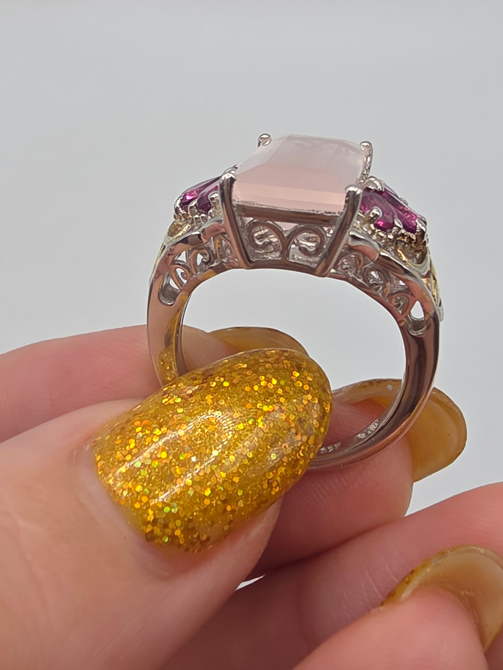 STS Jewels Sterling Silver Pink Quarts & Rhodolite Ring 18K Gold Accents Size 7