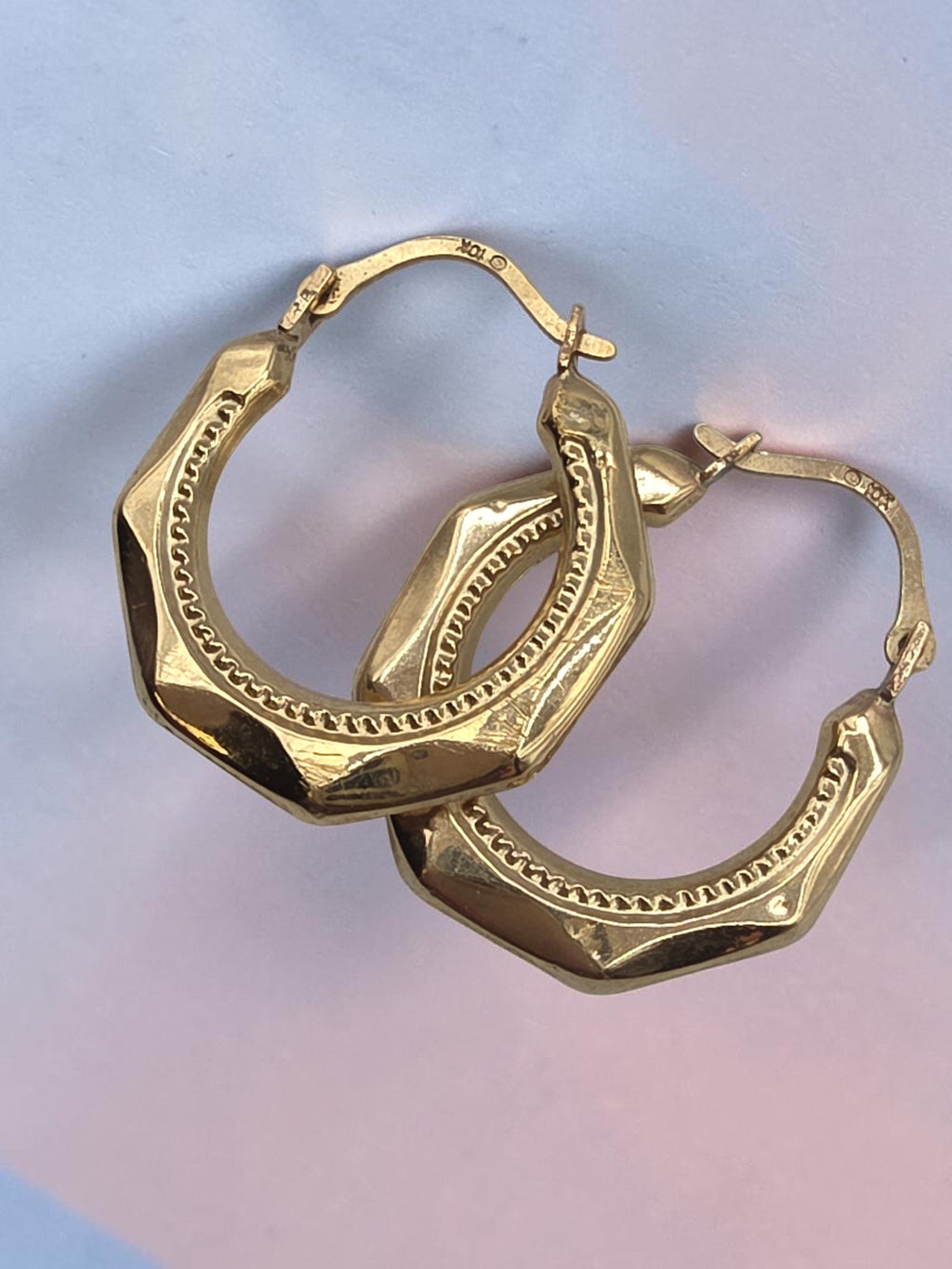 Vintage Solid 10K Yellow Gold Faceted Octagon Creole Hoop Earrings