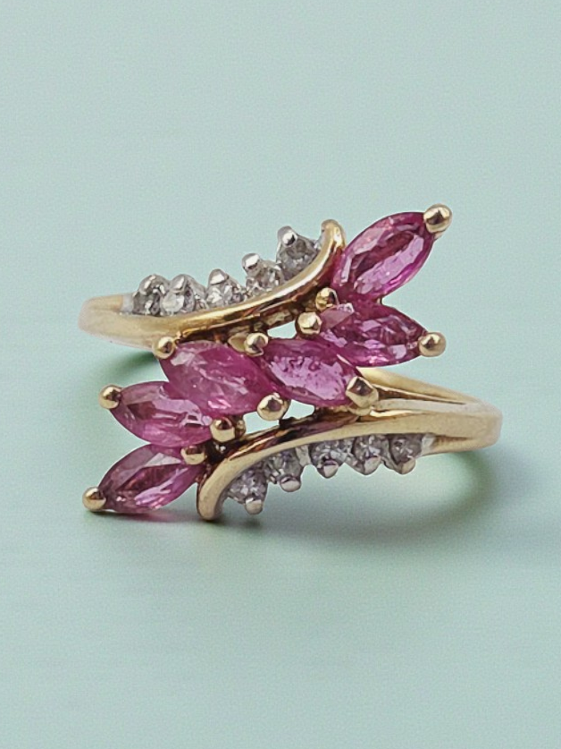 Solid 10K Yellow Gold Ring with Natural Rubies and Diamonds – Size 6.5