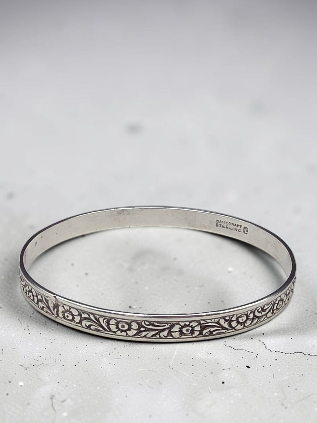 Sterling Silver Embossed Floral Repousse Bangle Bracelet 8.25 Inch