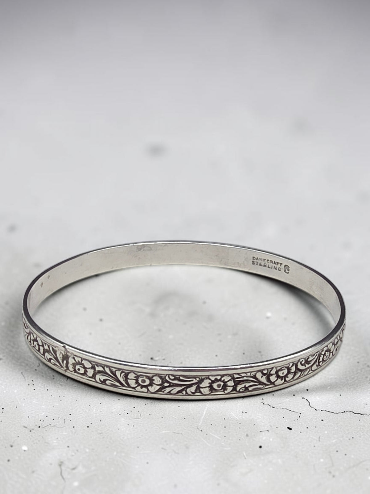 Sterling Silver Embossed Floral Repousse Bangle Bracelet 8.25 Inch
