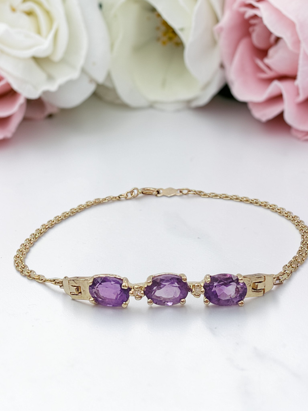 Vintage ATL Solid 14K Yellow Gold Bracelet with Amethyst & White Topaz 7.5 Inch