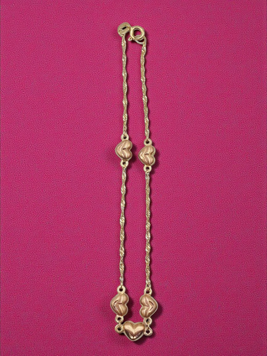 Solid 14K Yellow Gold Bracelet with 3D Rose Gold Hearts - 7.5 Inches