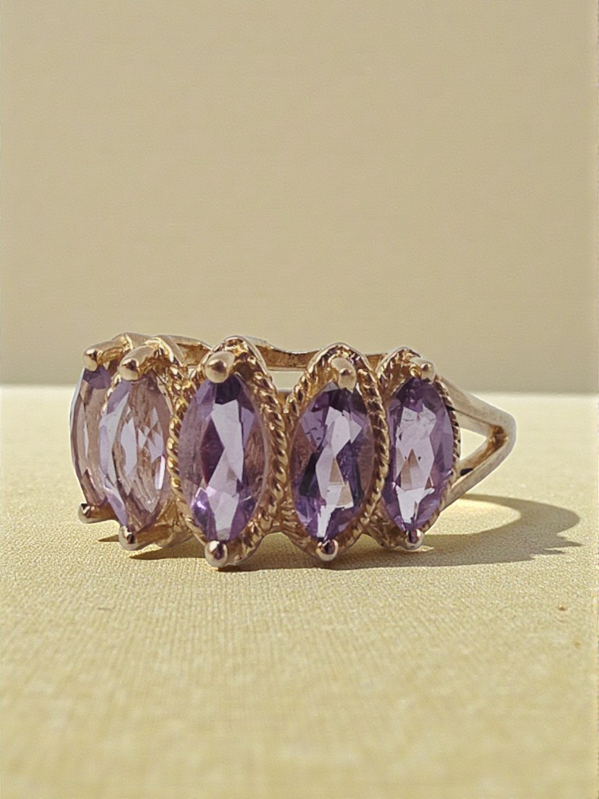 Solid 10K Yellow Gold Ring with Marquise Cut Amethysts Size 7