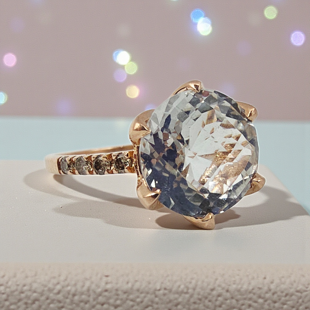 Solid 14K Rose Gold Ring with Lab-Created White Topaz & Diamond Accents - Size 8