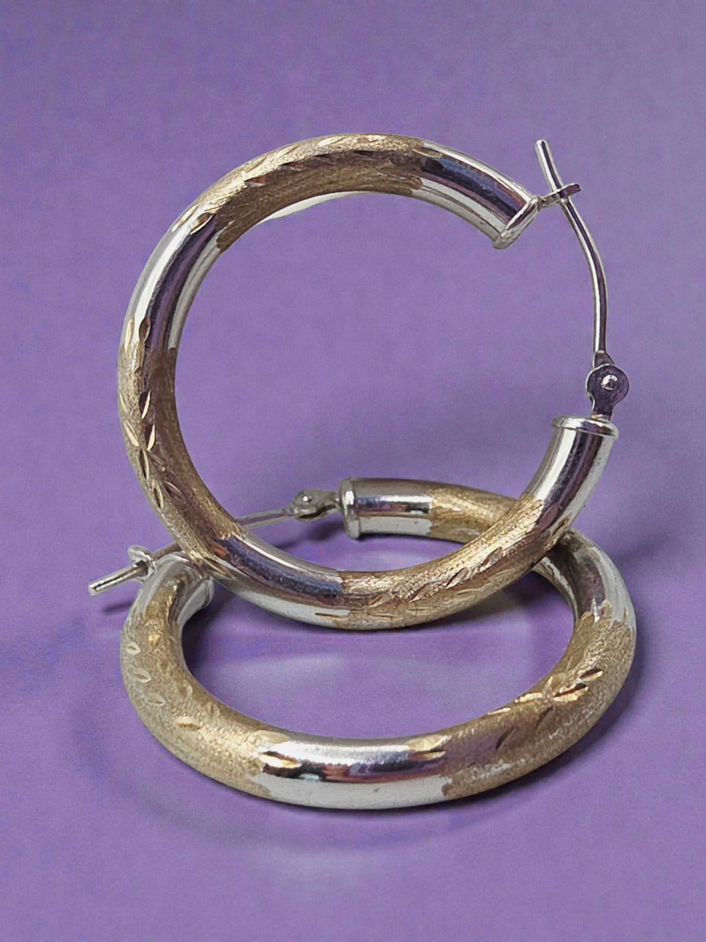Solid 10K Two-Tone Yellow & White Gold Textured Hoop Earrings