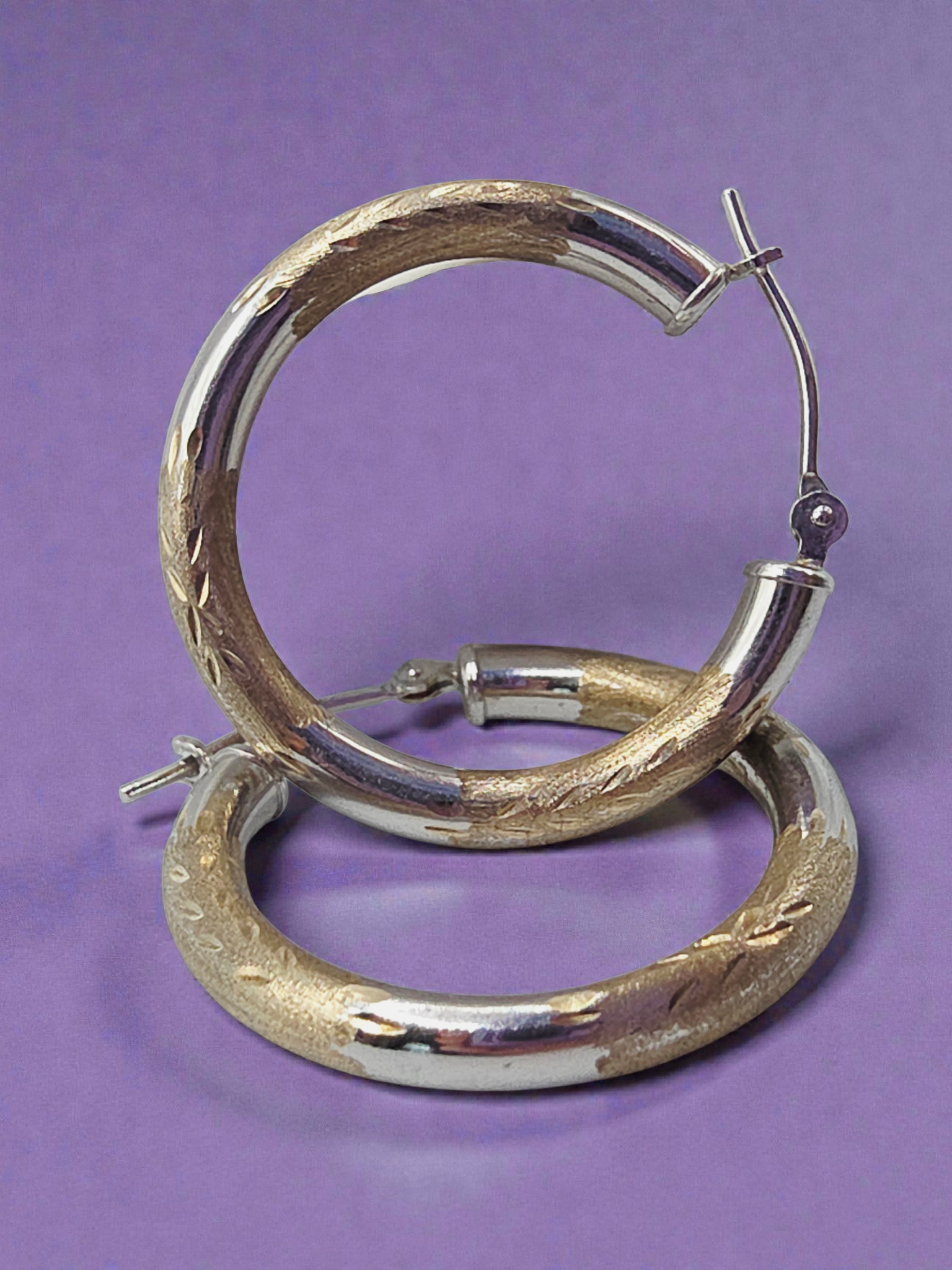 Solid 10K Two-Tone Yellow & White Gold Textured Hoop Earrings