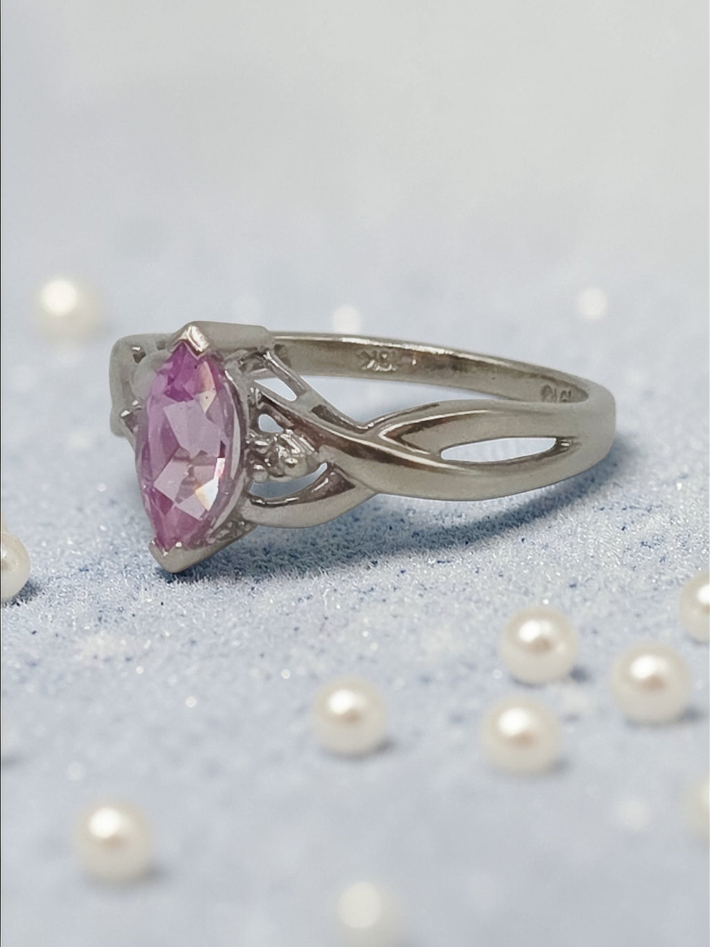 Solid 10K White Gold Ring with Marquise Cut Pink Sapphire - Size 5.75