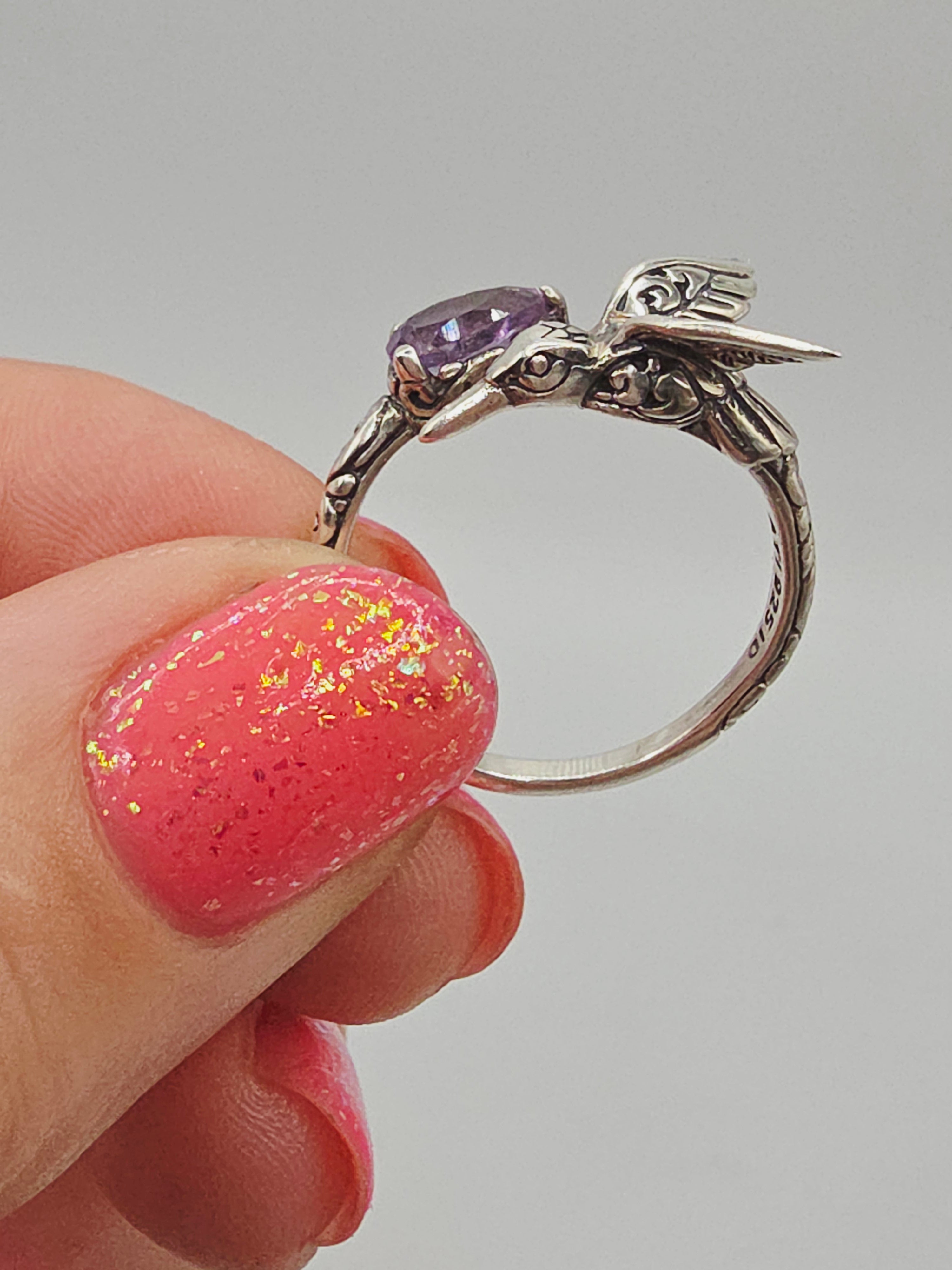 925 Sterling Silver Ring with Pear Cut Amethyst & Hummingbird - Size 8