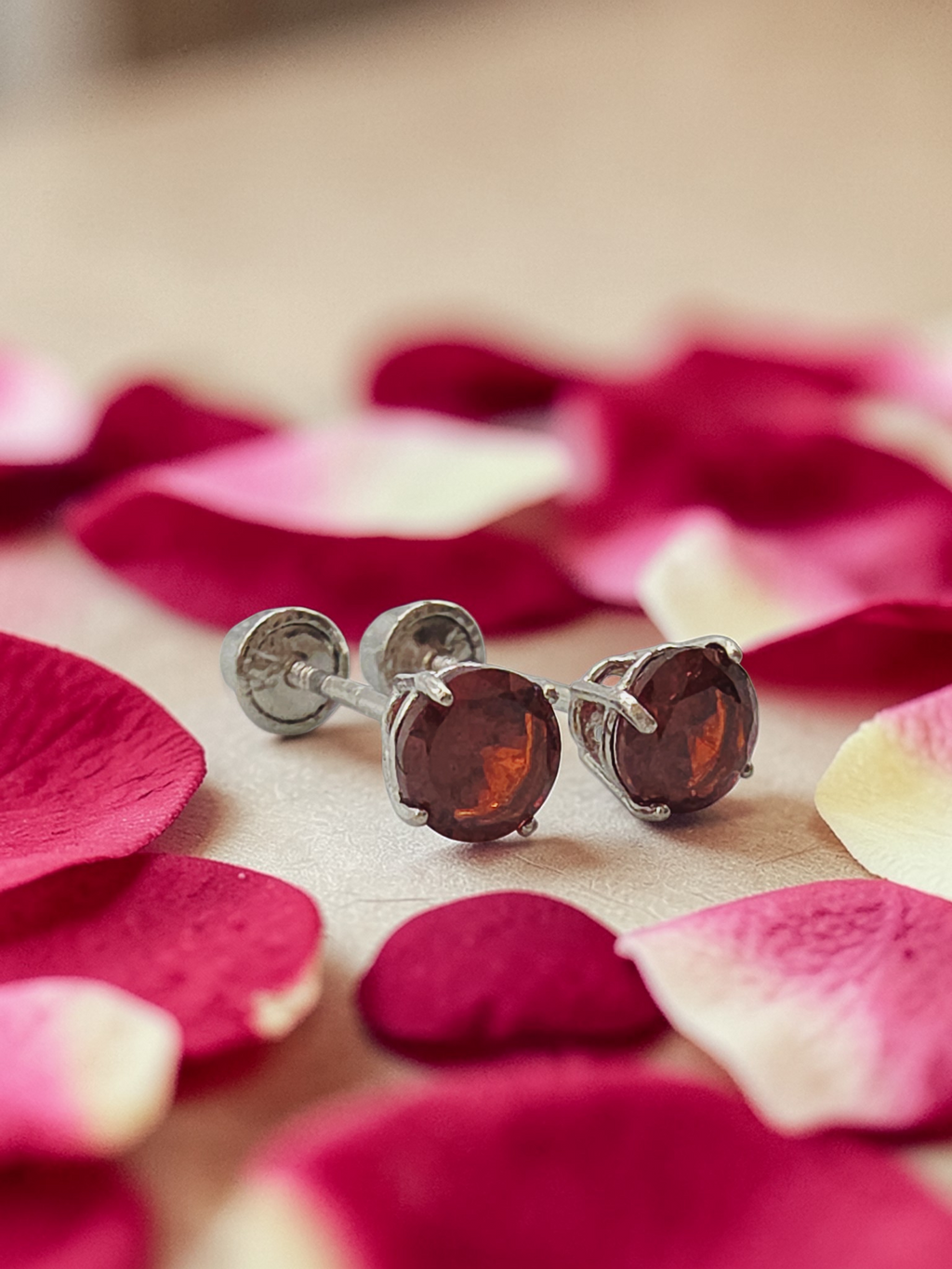 Solid 14K White Gold Garnet Stud Earrings - Screwbacks