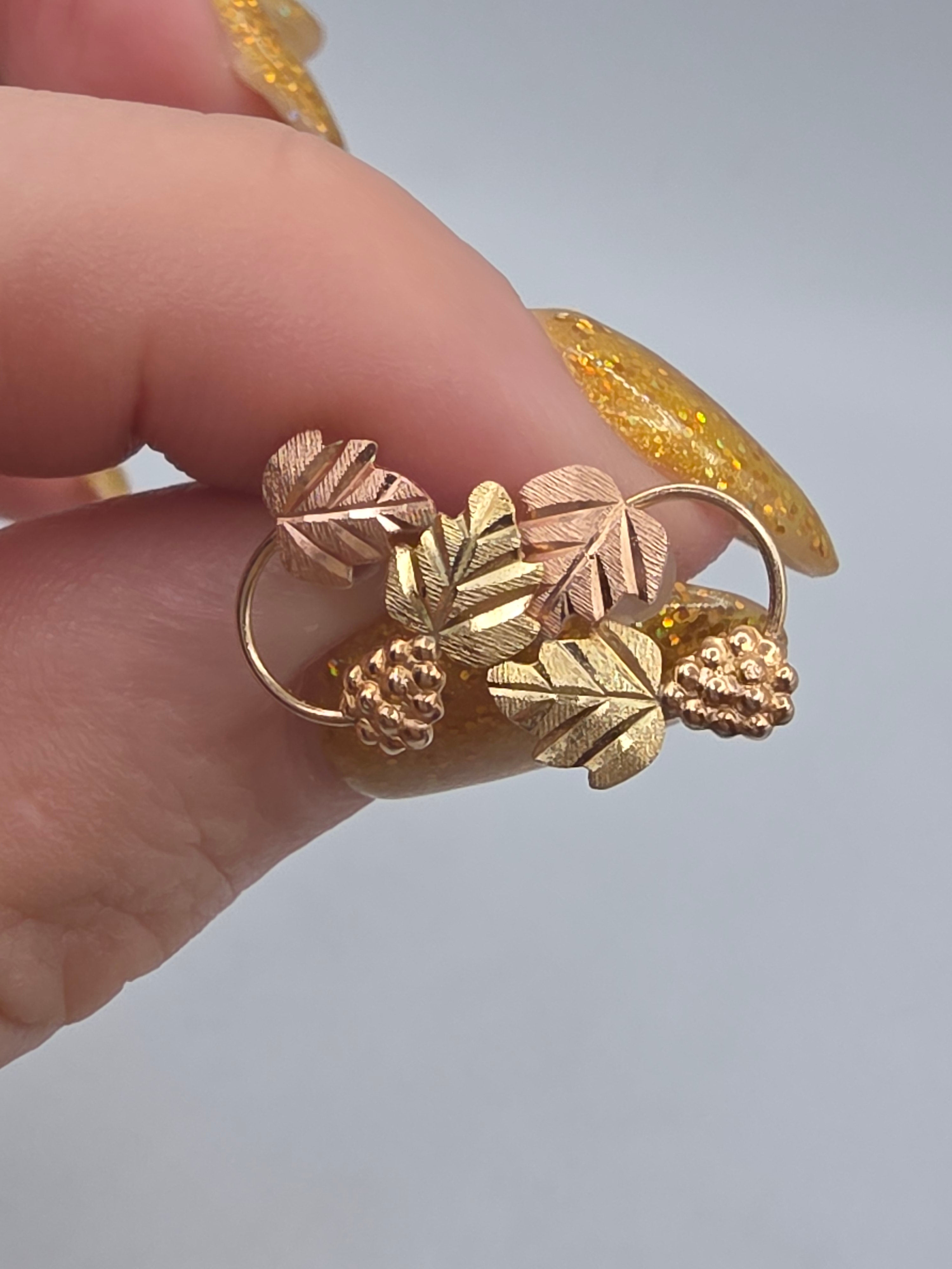 Vintage Black Hills Gold Solid 10K Tri Color Grape Leaf Stud Earrings 14K Posts
