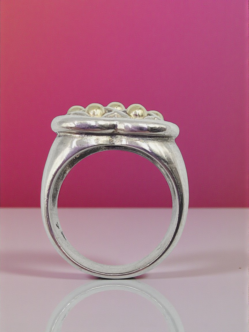 Caviar 925 Sterling Silver with 18K Yellow Gold Accents Heart Ring Size 7