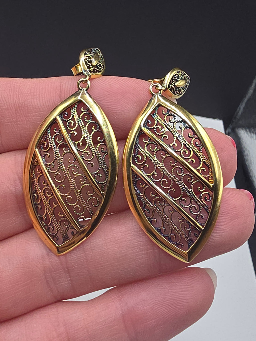 Veronese Italy 925 Sterling Silver Gold Vermeil Rainbow Patina Filigree Earrings