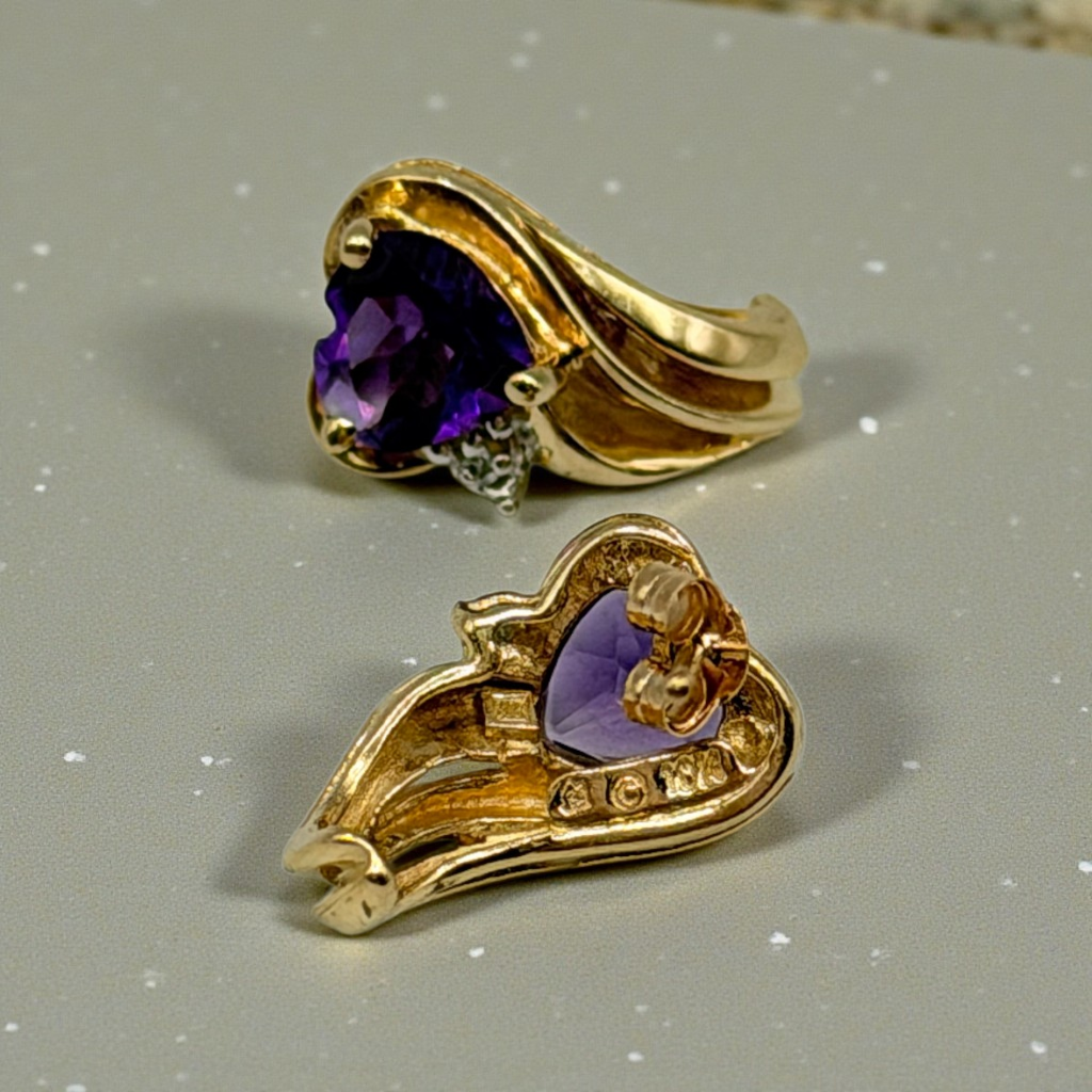 Solid 10K Yellow Gold Stud Earrings with Heart Cut Amethysts
