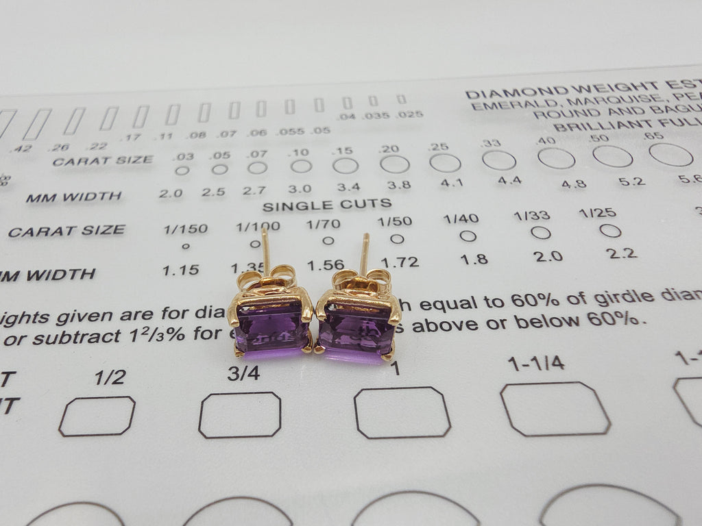 Solid 14K Yellow Gold Emerald Cut Amethyst Stud Earrings