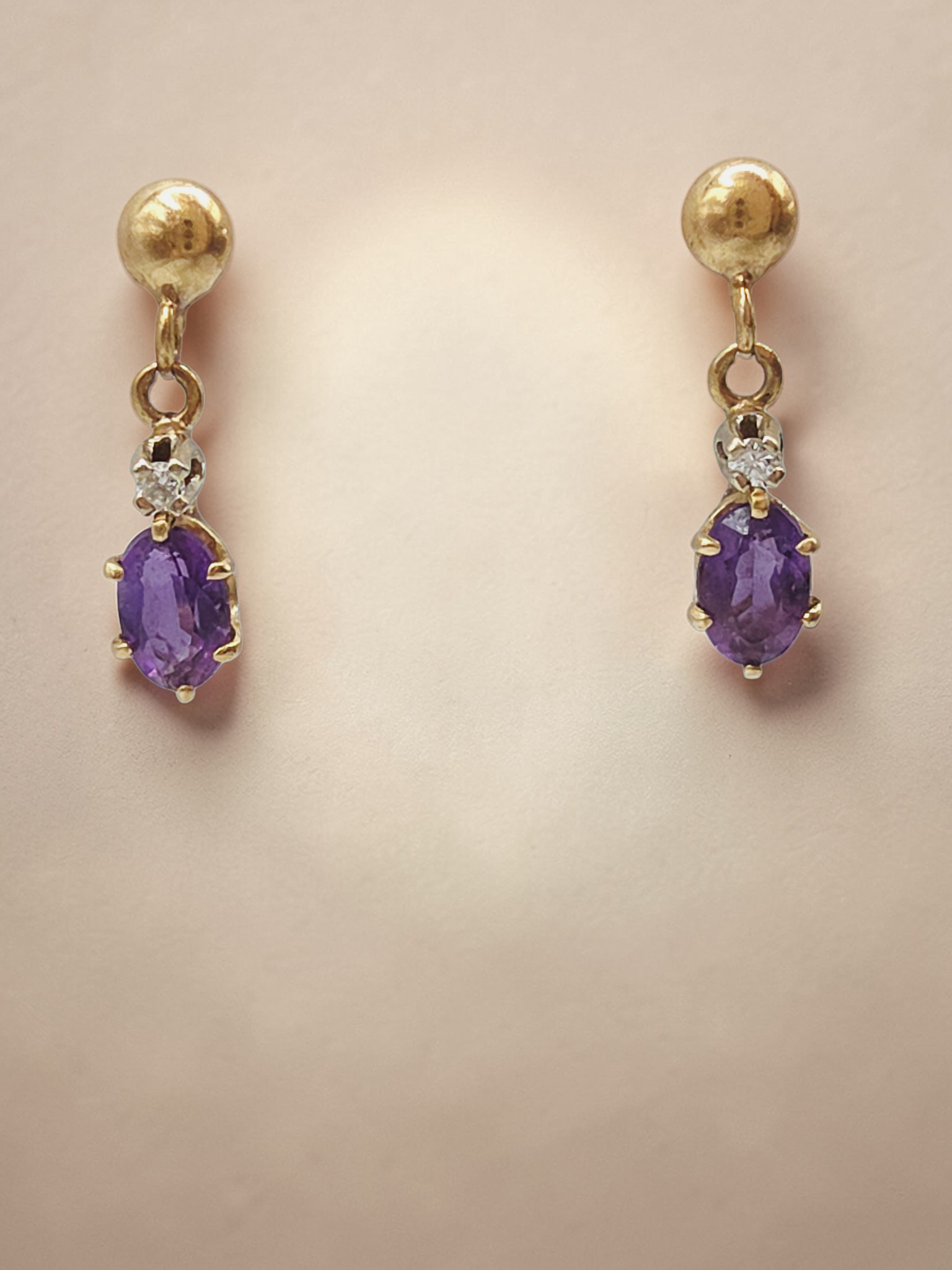 Solid 14K Yellow Gold Amethyst Dangle Drop Earrings with Diamond Accents