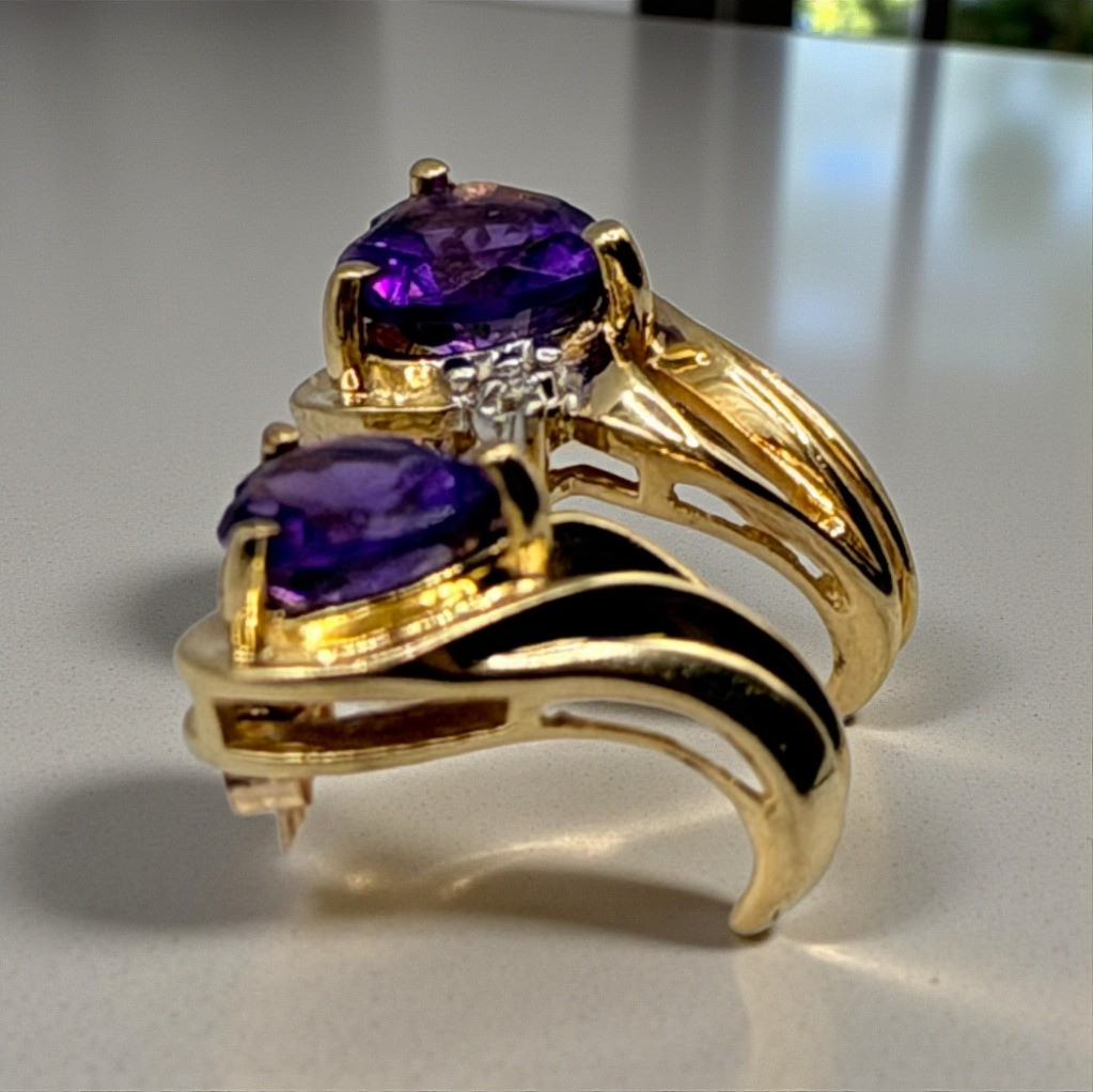 Solid 10K Yellow Gold Stud Earrings with Heart Cut Amethysts