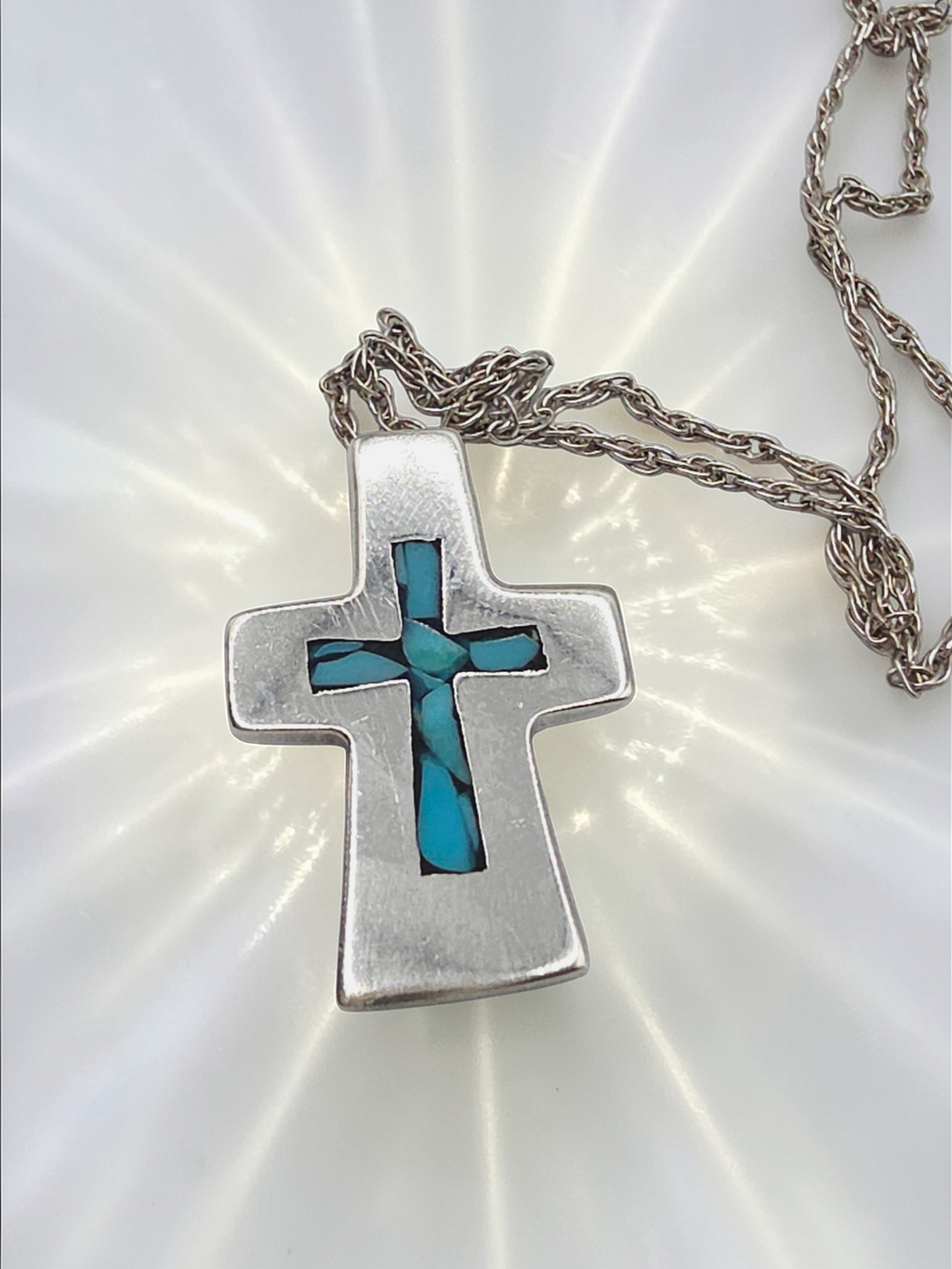 925 Sterling Silver Cross with Blue Inlay Pendant Necklace – 19 Inch