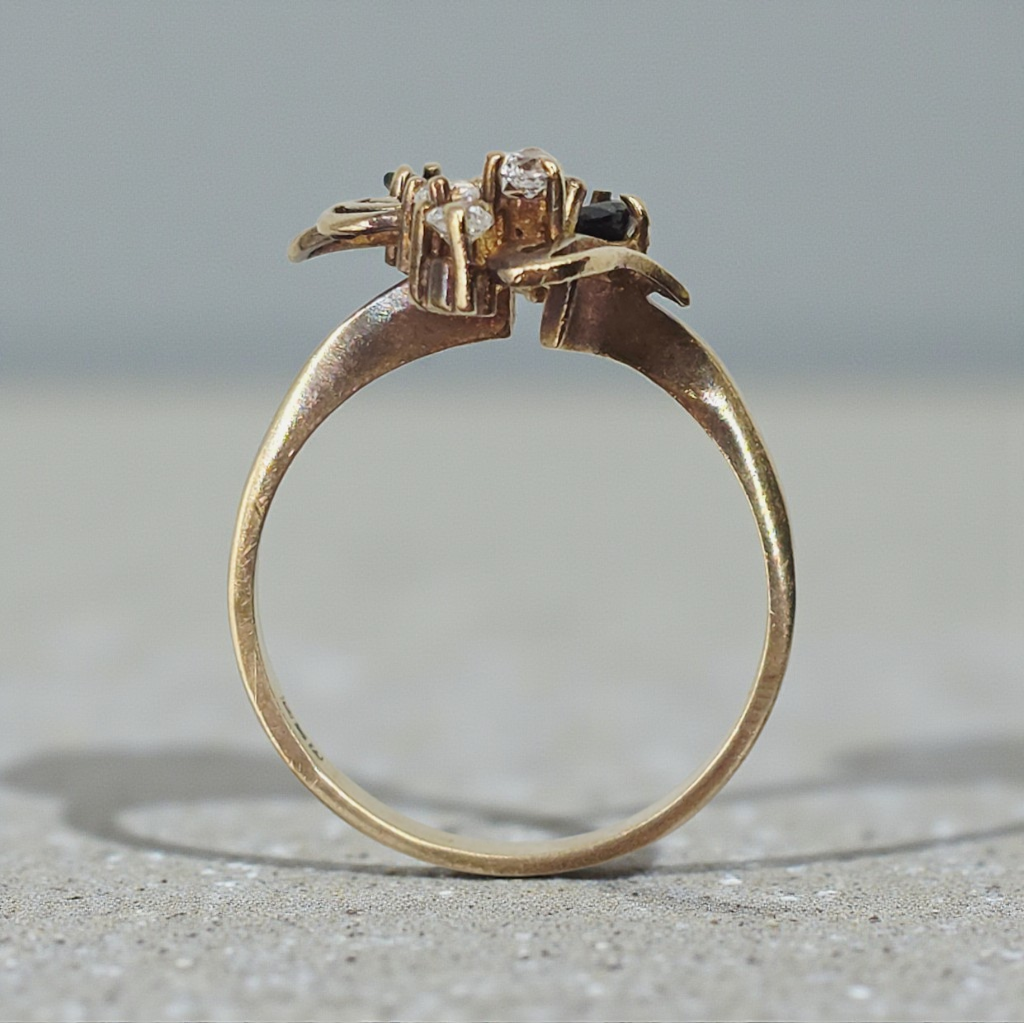 Solid 10K Yellow Gold Ring with Marquise Cut Black Onyx and Round Cut Clear Gemstones Size 7.25