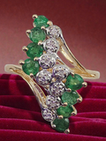 Solid 14K Yellow Gold Ring with Round Cut Emeralds & Diamonds - Size 8