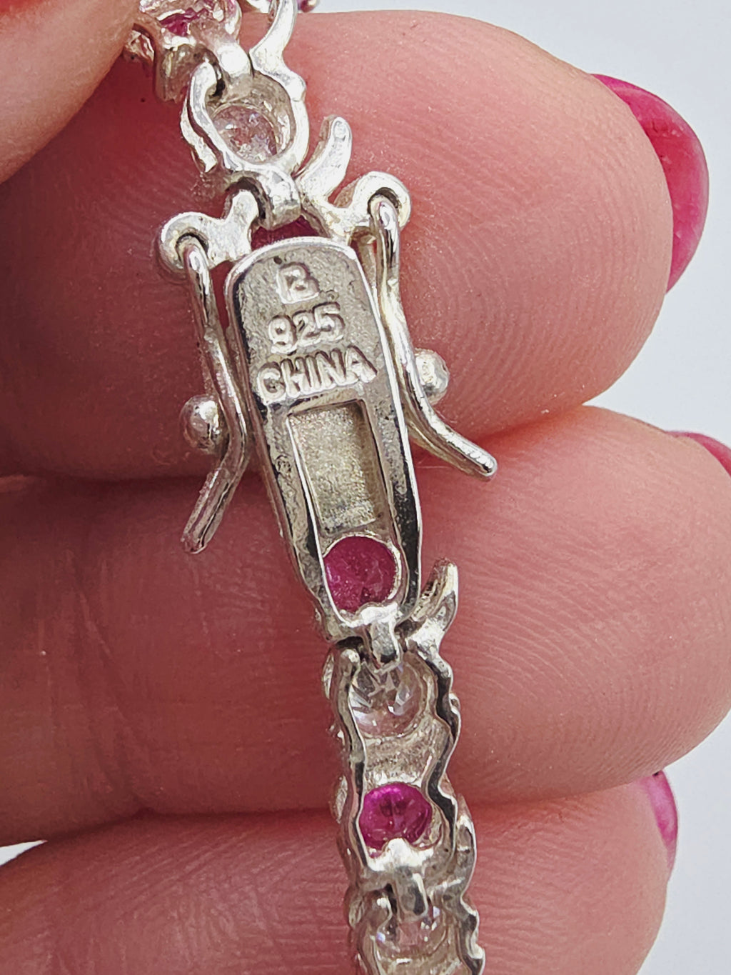 925 Sterling Silver Pink Sapphire Tennis Bracelet with CZ Accents - 7.5 Inch