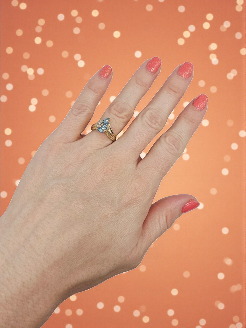 10K Solid Yellow Gold Ring with Blue Topaz & Diamond Cluster – Size 6.5