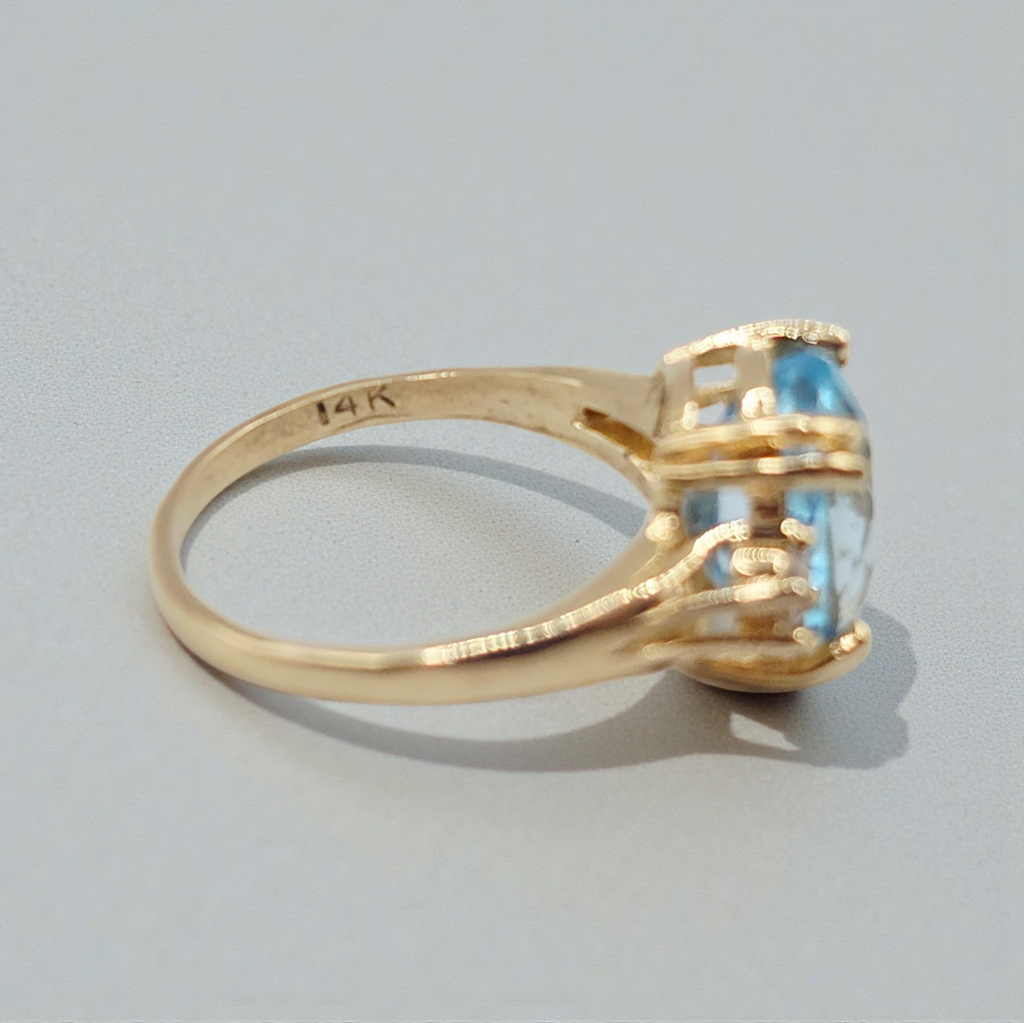 Solid 14K Yellow Gold Ring with Blue Topaz and Diamond Accents – Size 7.25