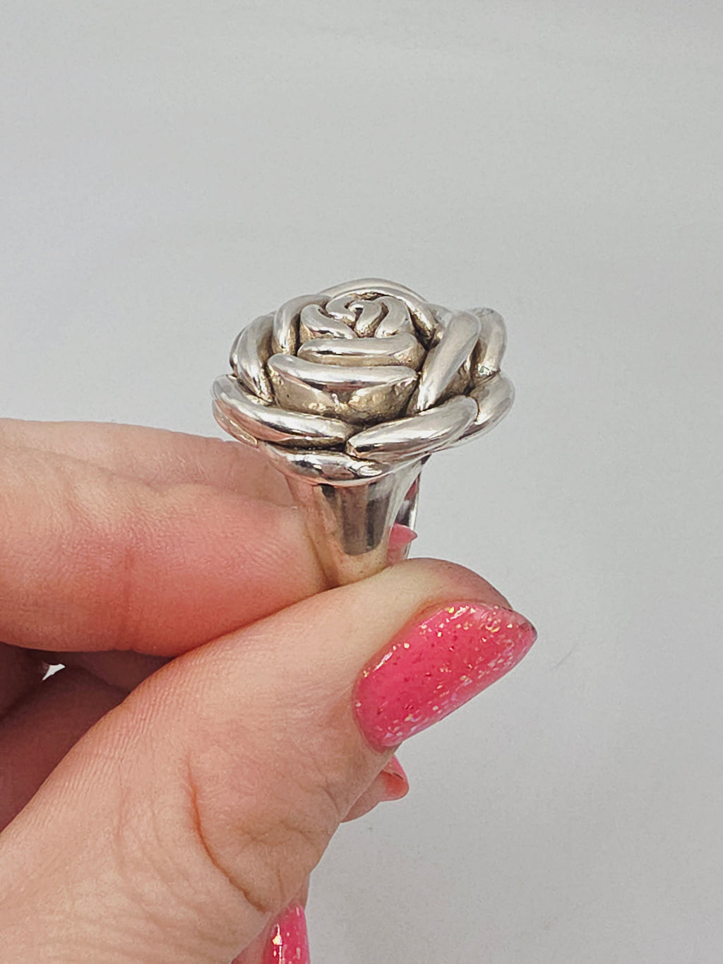 Sterling Silver Rose Flower Statement Ring Botanical Floral – Size 6