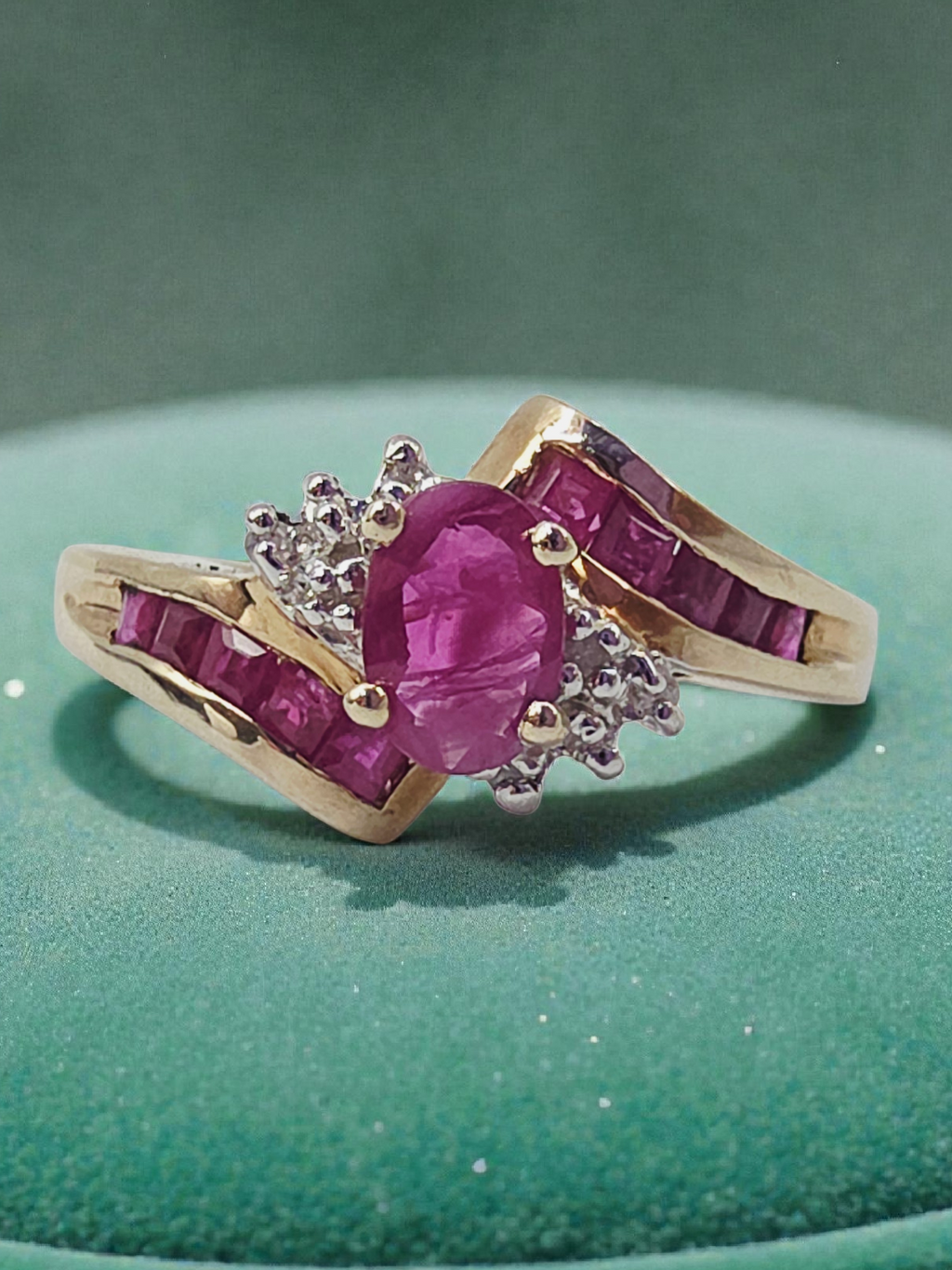 Solid 10K Yellow Gold Ring with Oval-Cut Ruby and Ruby & Diamond Accents - Size 7