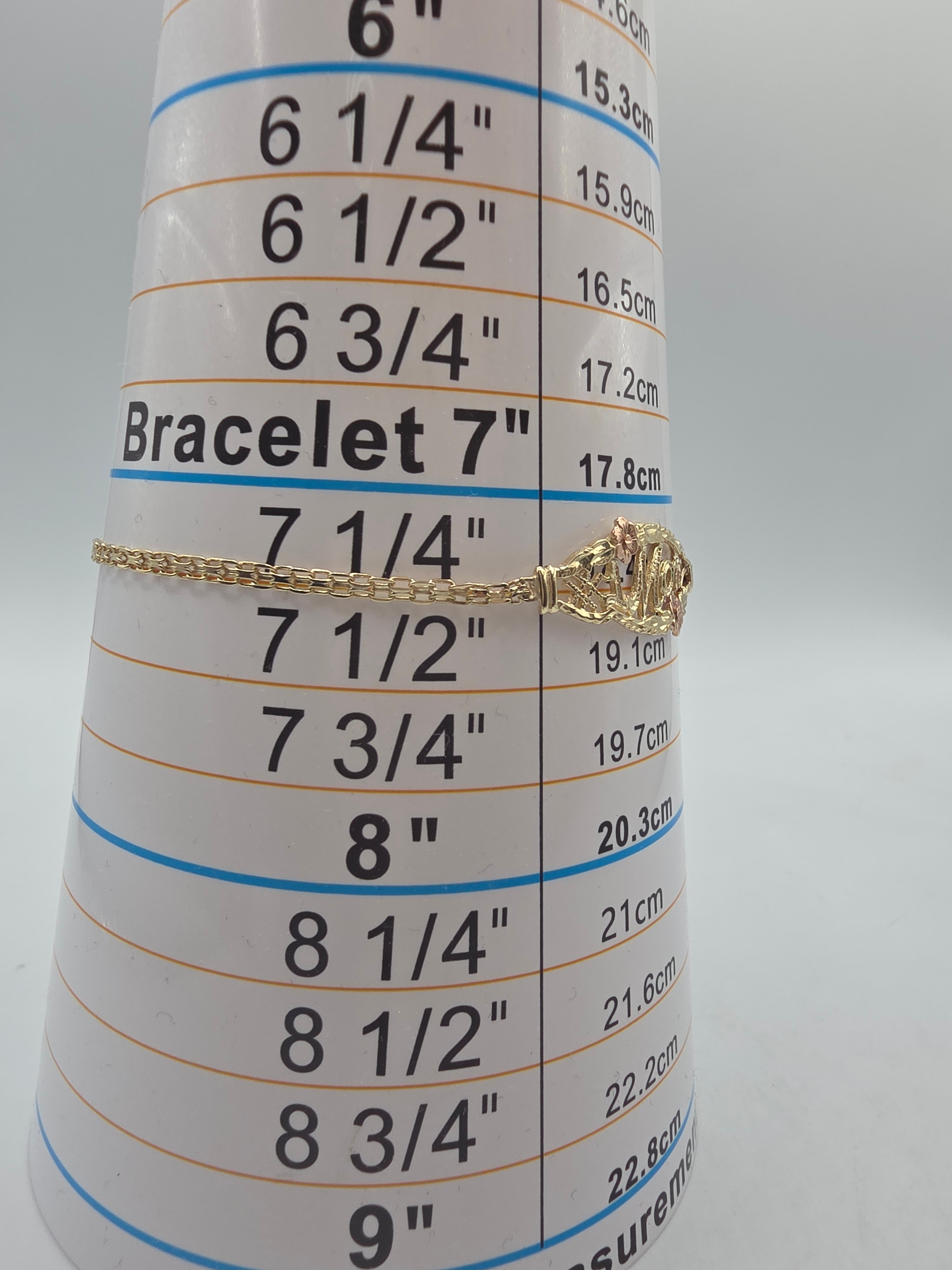 OroAmerica Solid 10K Gold #1 Mom Bracelet Two Tone Floral Accents 7.25 Inch