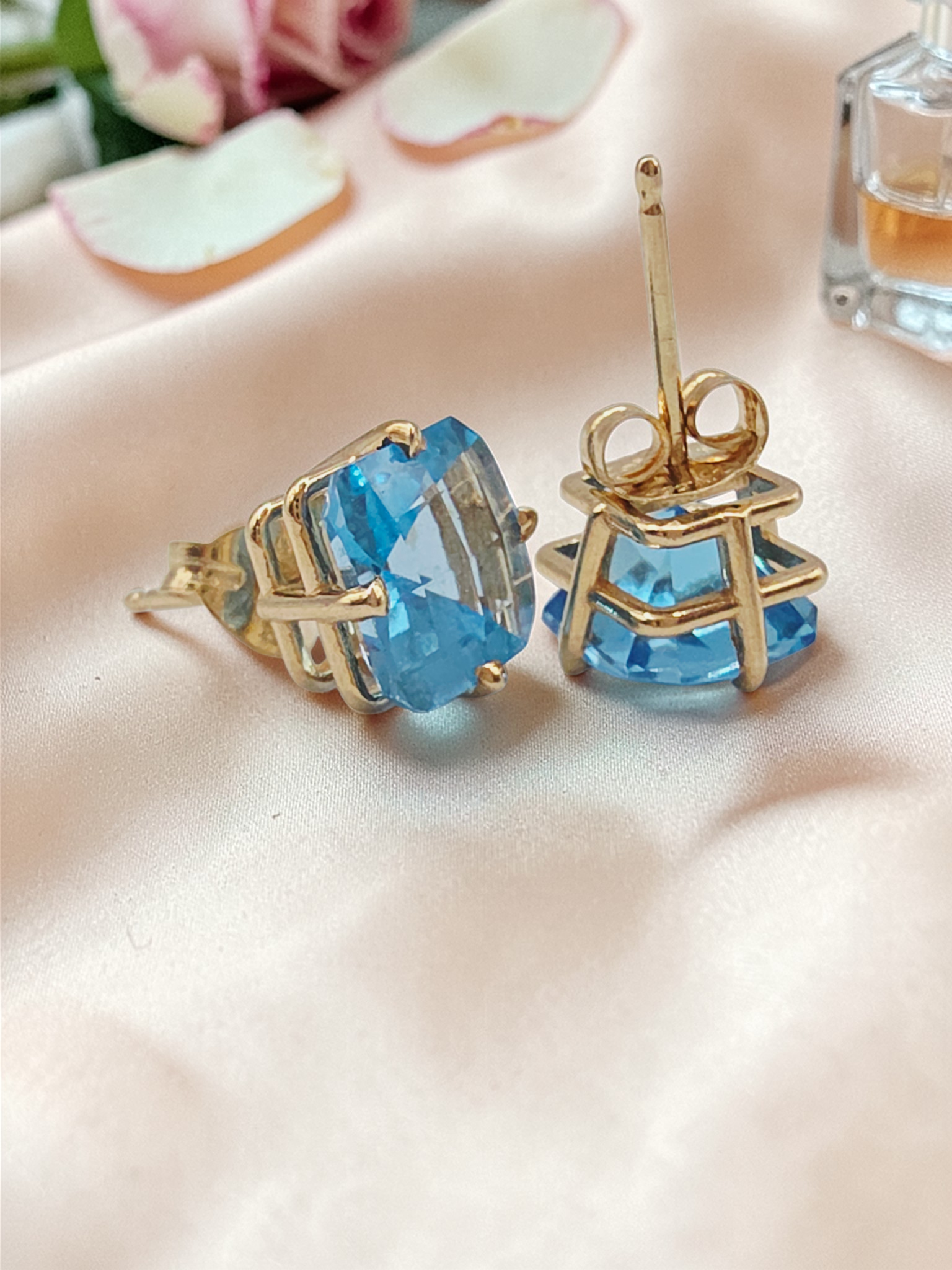 Solid 14K Yellow Gold Cushion Cut Blue Topaz Stud Earrings