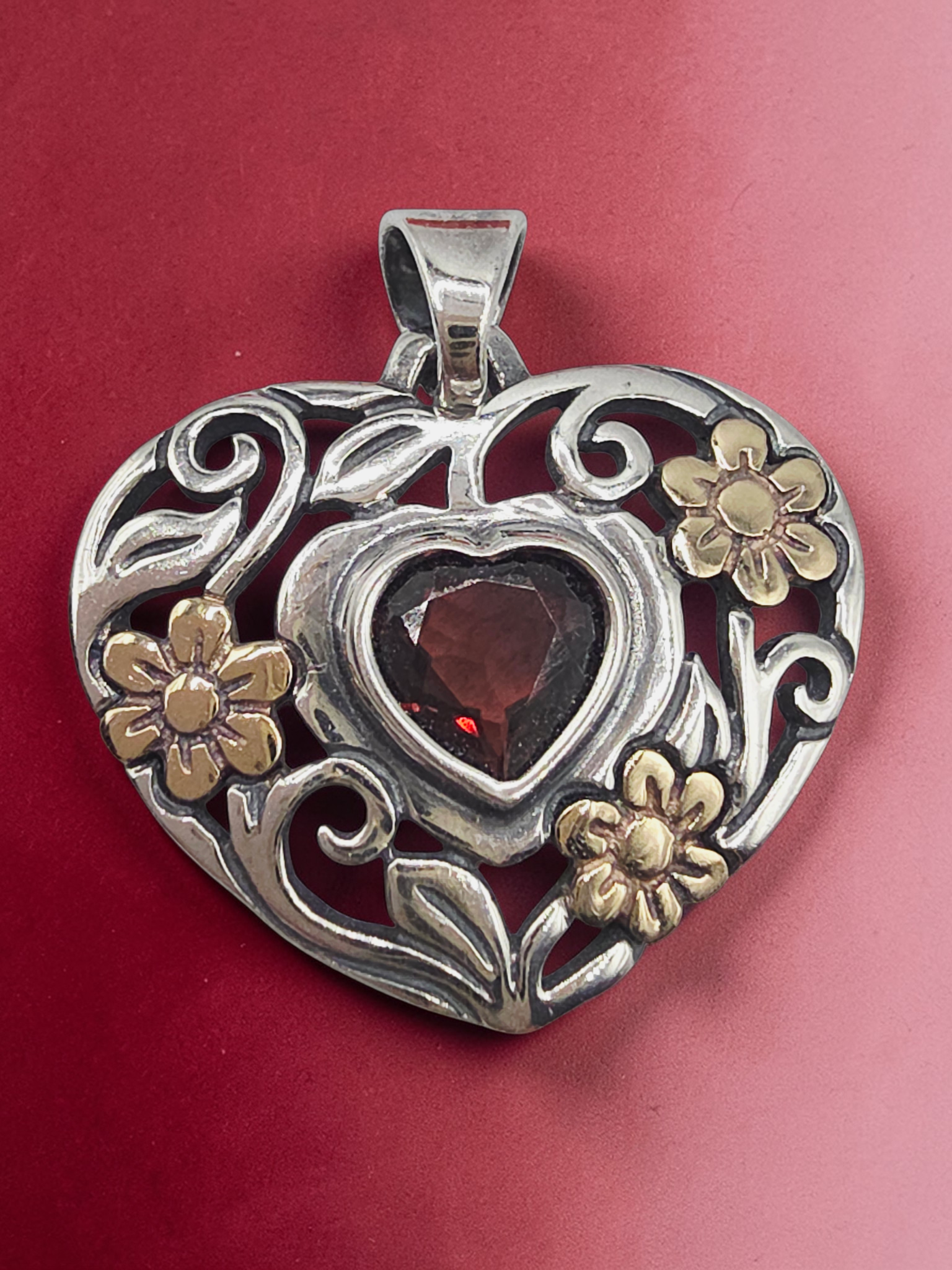 RETIRED James Avery Sterling Silver Garnet Heart Pendant with Solid 14K Flowers