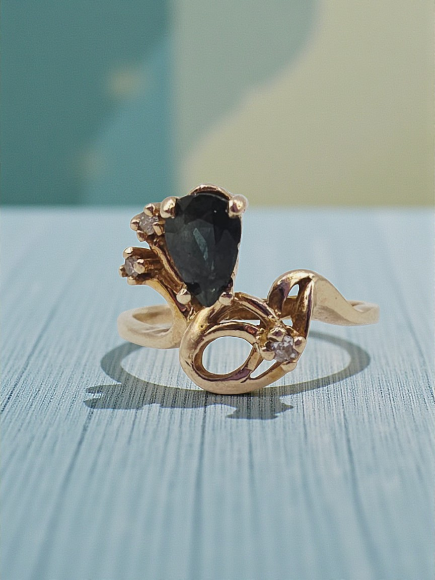 Solid 10K Gold Ring with Pear-Cut Blue Sapphire & Diamond Accents – Size 5.75