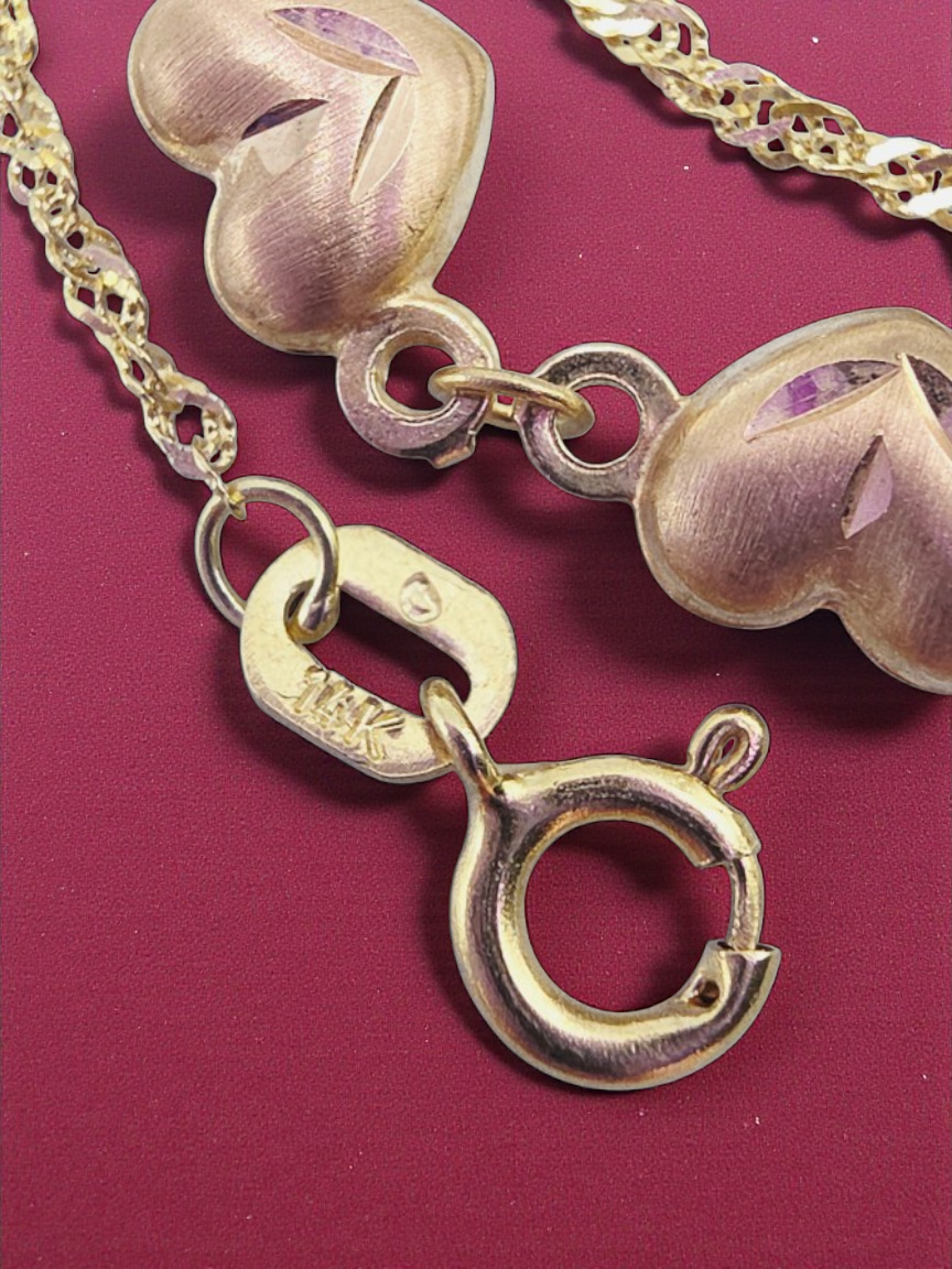 Solid 14K Yellow Gold Bracelet with 3D Rose Gold Hearts - 7.5 Inches