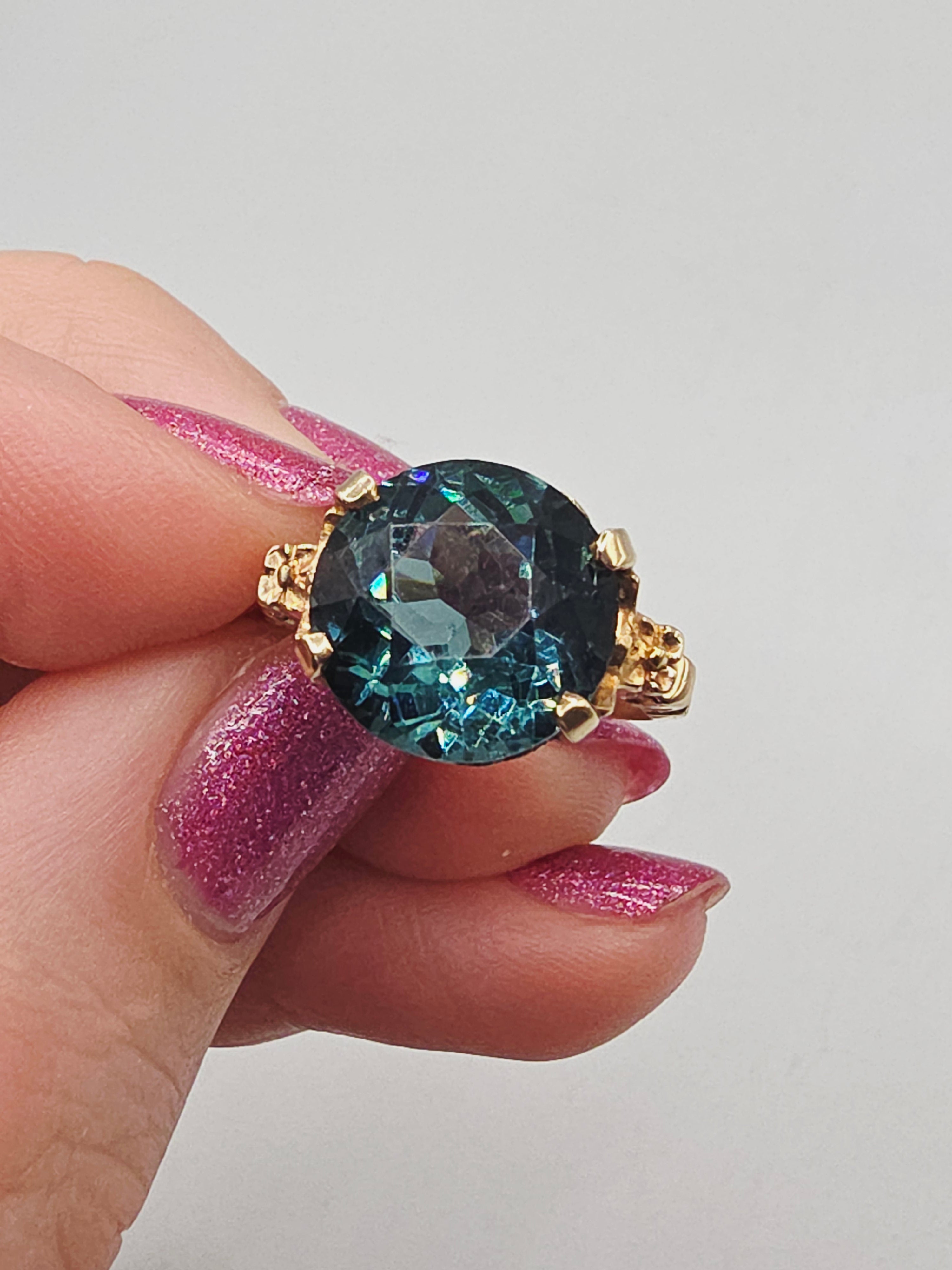 Solid 10K Yellow Gold Ring with Large Round-Cut Teal CZ– Size 5