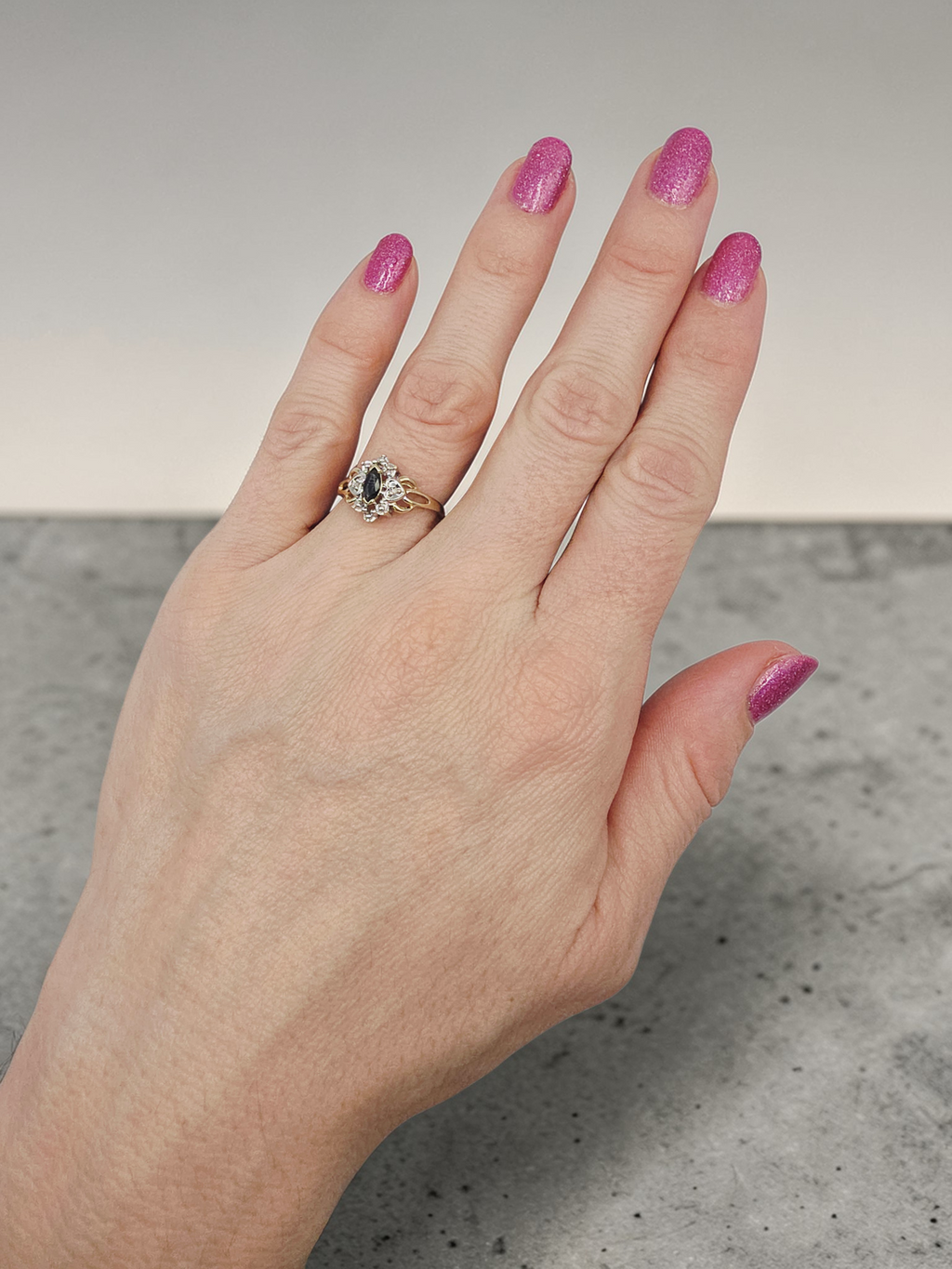 10K Solid Gold Dark Blue Topaz Ring with Diamond Accents, Size 7