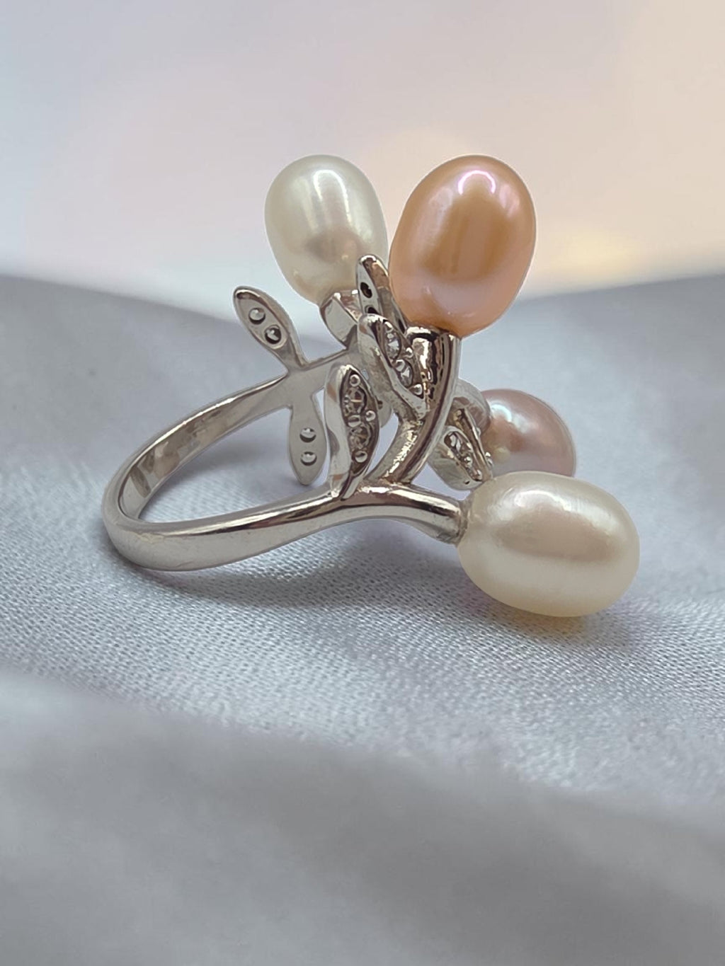 925 Sterling Silver Multi Color Pearl Floral Ring with CZ Leaf Accents - Size 6