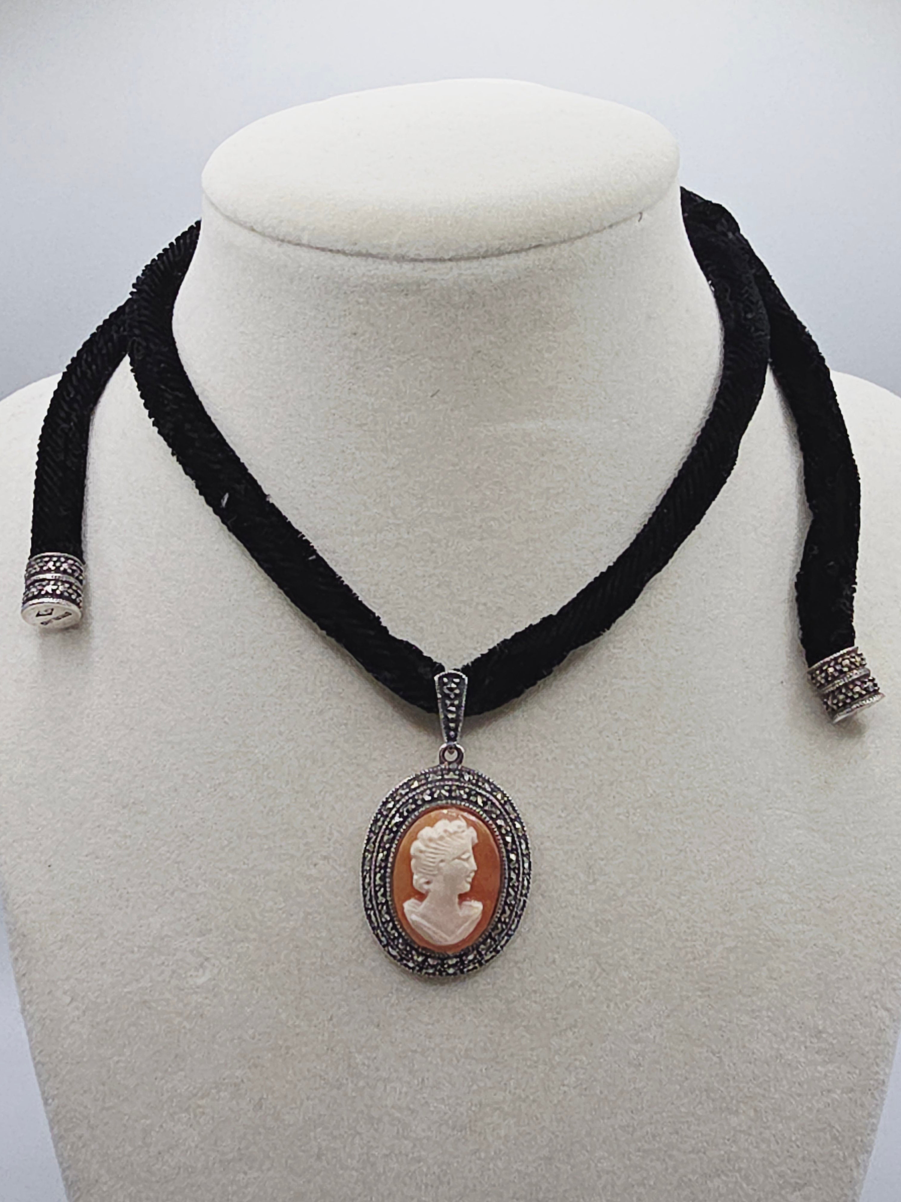 Judith Jack Sterling Silver Marcasite Cameo Pendant Velvet Necklace - Adjustable