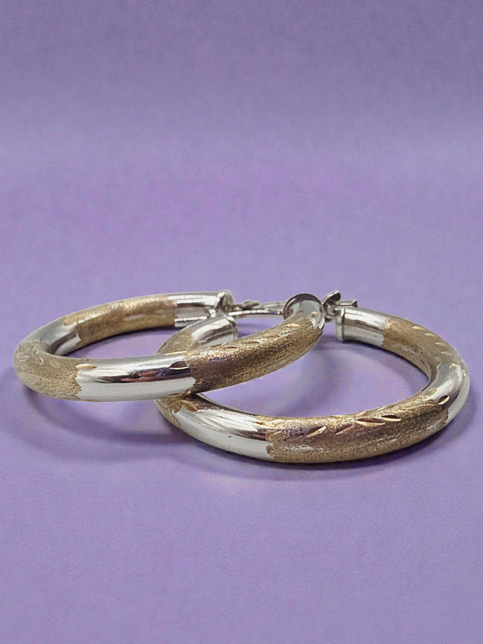 Solid 10K Two-Tone Yellow & White Gold Textured Hoop Earrings