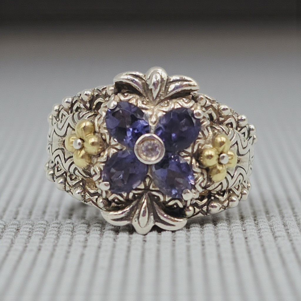Bixby Jezebel Sterling Silver and 18K Gold Flower Ring with Iolite & Topaz Sz 7