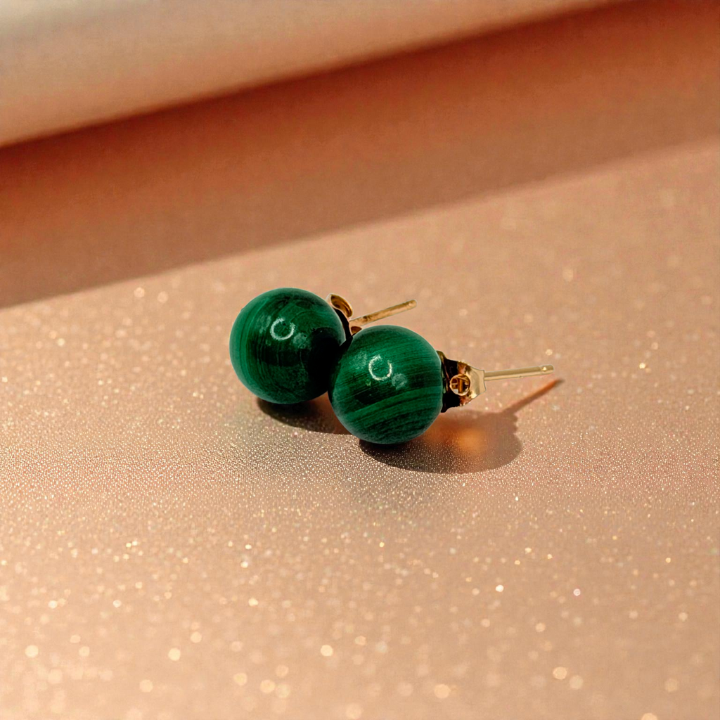 Solid 14K Yellow Gold Stud Earrings with Round Cut Jade